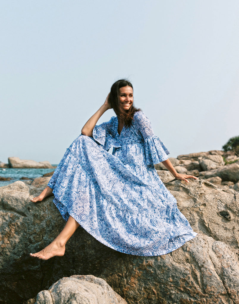 Block Printed Dress - Blue Floral