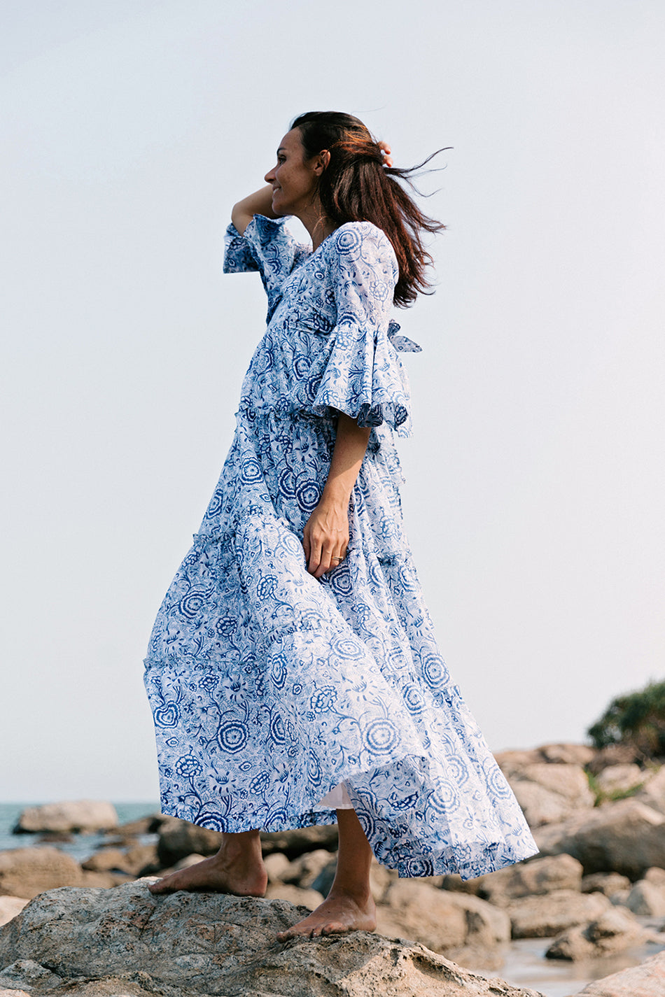 Block Printed Dress - Blue Floral