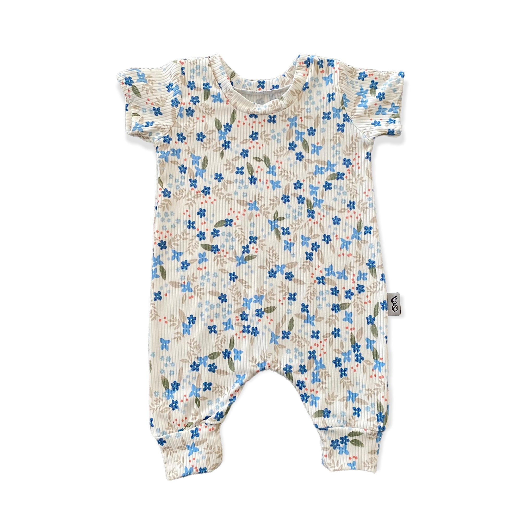 Blue Tone Dainty Flowers On White Ribbed Harem Romper