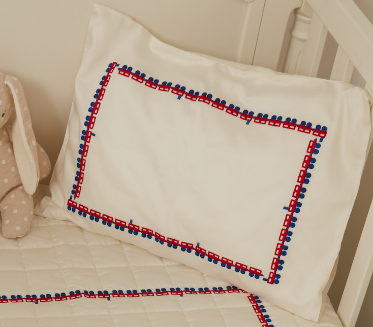 Embroidered Pillowcase - Blue & Red Trains
