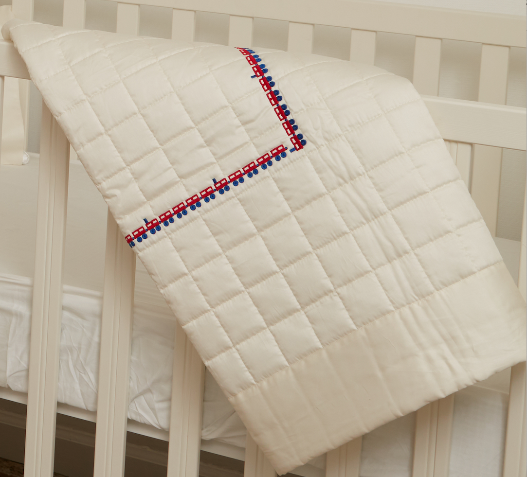 Embroidered Coverlet - Blue & Red Trains