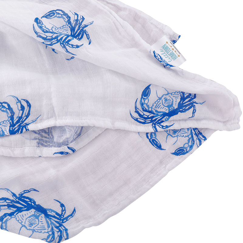 Gift Set: Blue Crab Baby Muslin Swaddle Blanket And Burp Cloth/bib Combo