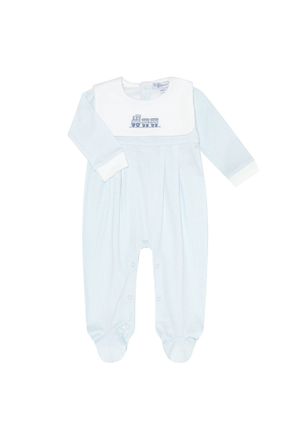 Blue Herringbone Embroidered Collared Footie