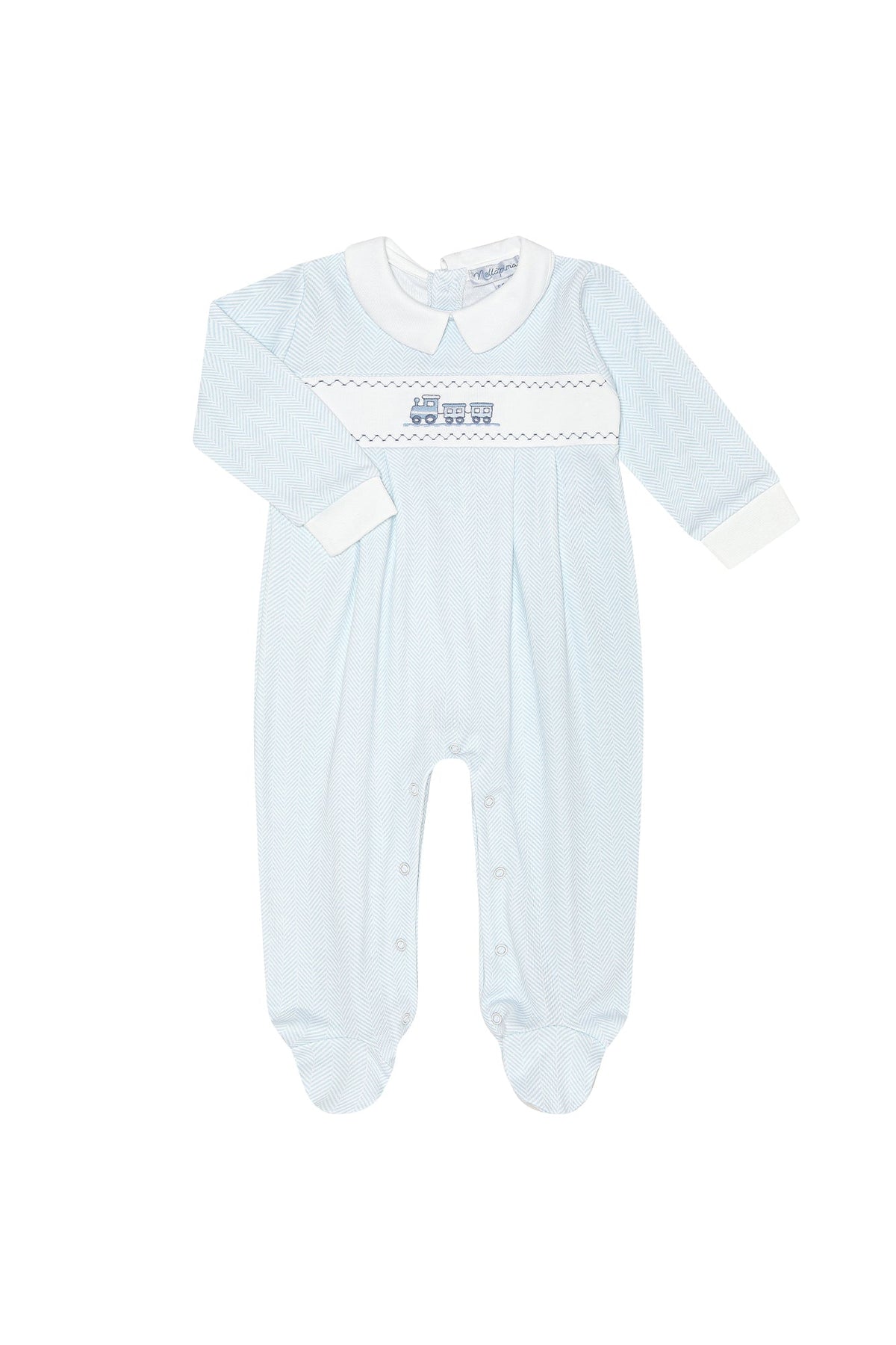 Blue Herringbone Embroidered Footie