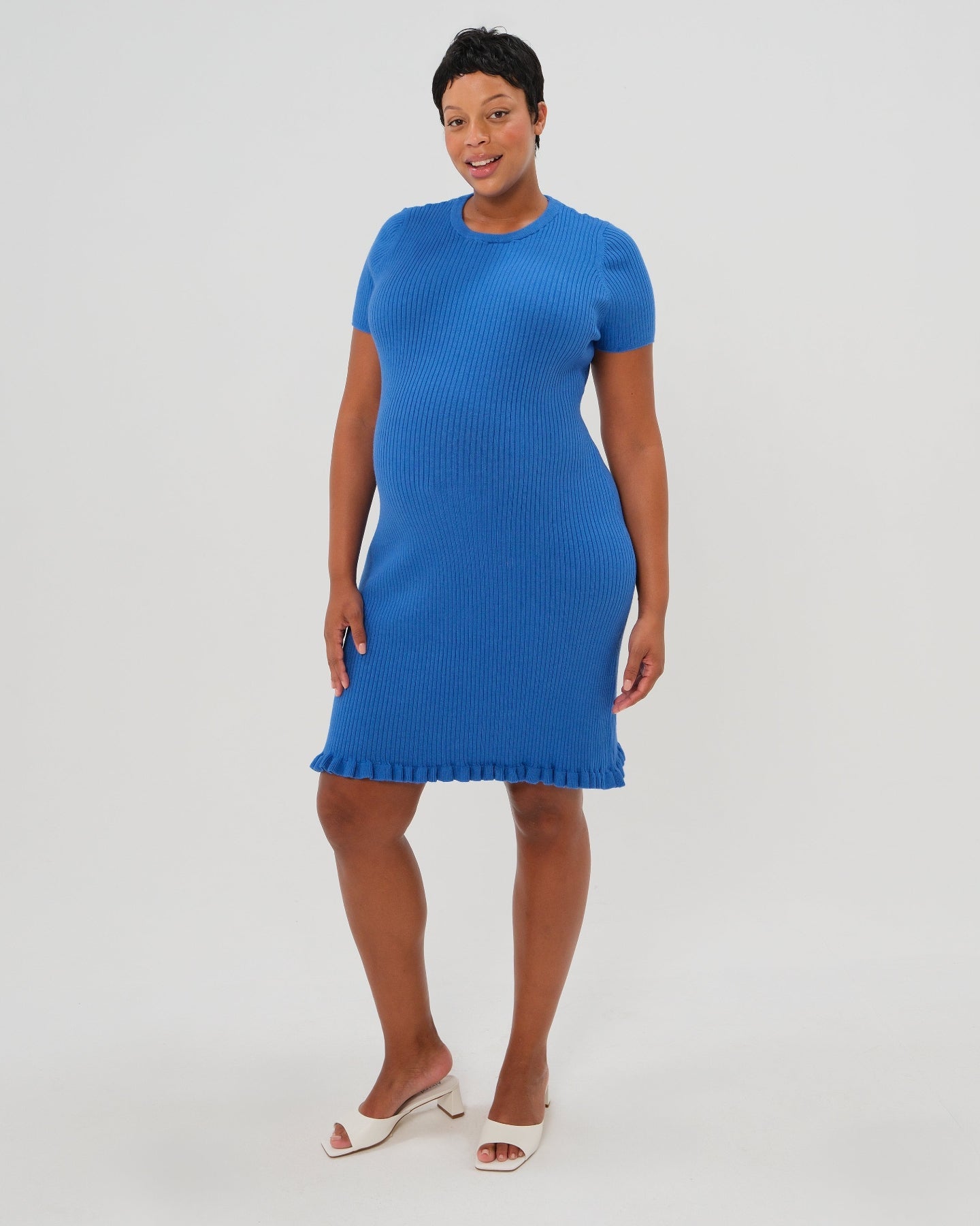*new* Ocean Blue Short Sleeve Knit Maternity Dress With Playful Hem Detail
