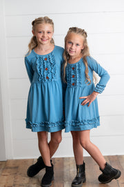 Solid Blue Ruffle Long Sleeve Dress