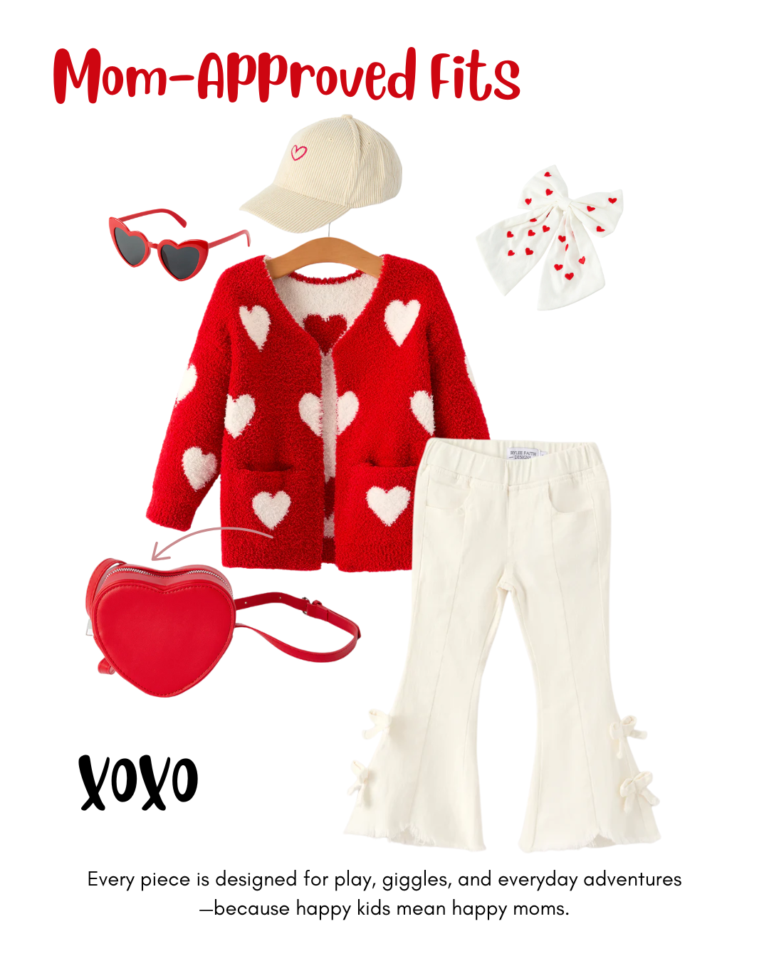 Valentine’s Day Girls Red Heart Pattern Fuzzy Knit Cardigan With Front Pockets