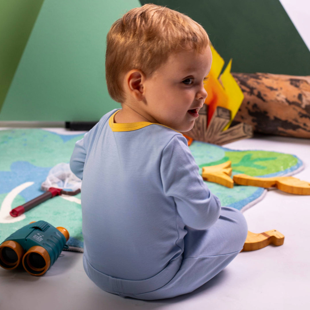 Long Sleeve Bodysuit In Chambray Blue With Yellow