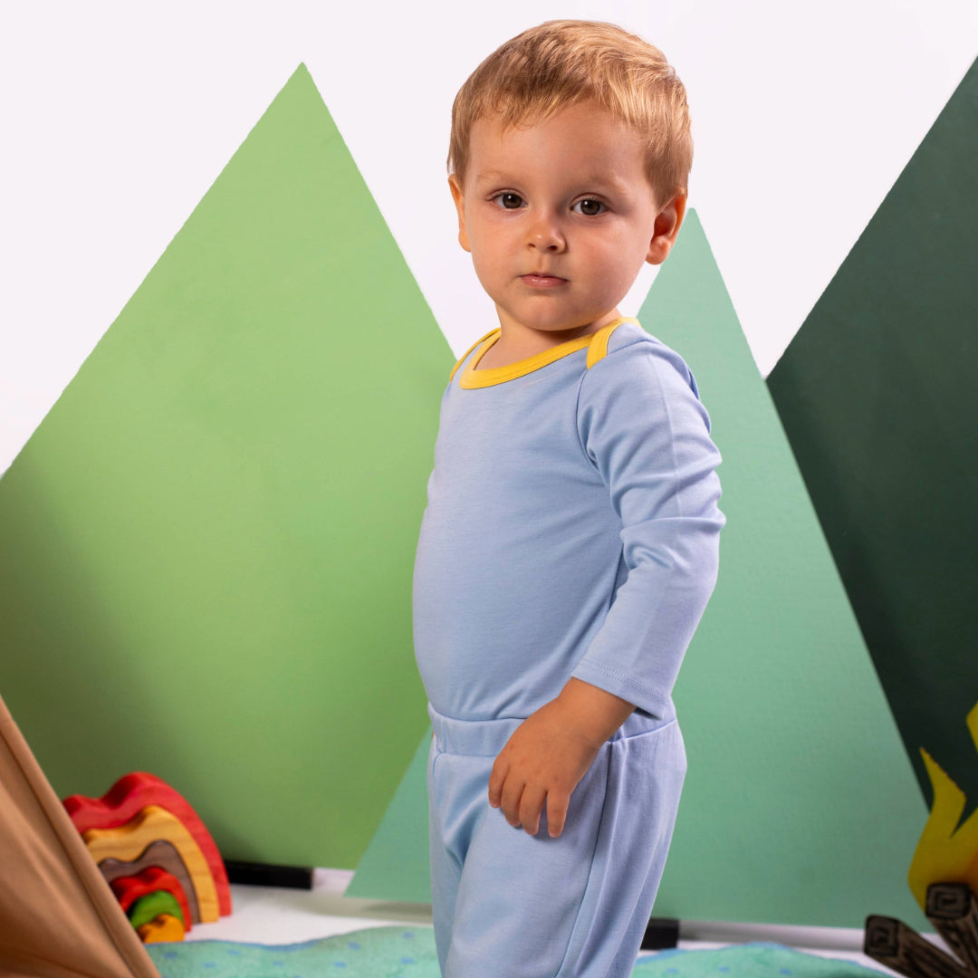 Long Sleeve Bodysuit In Chambray Blue With Yellow