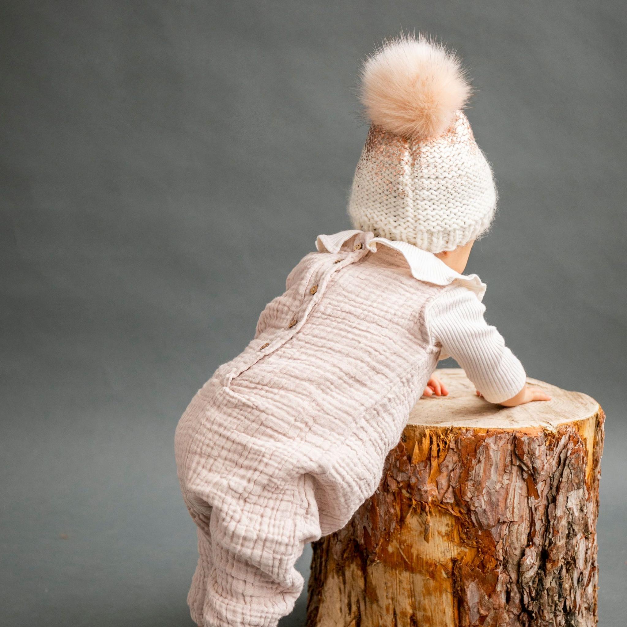 Pearl Metallic Hat With Fur Pom, Cream And Rose Gold