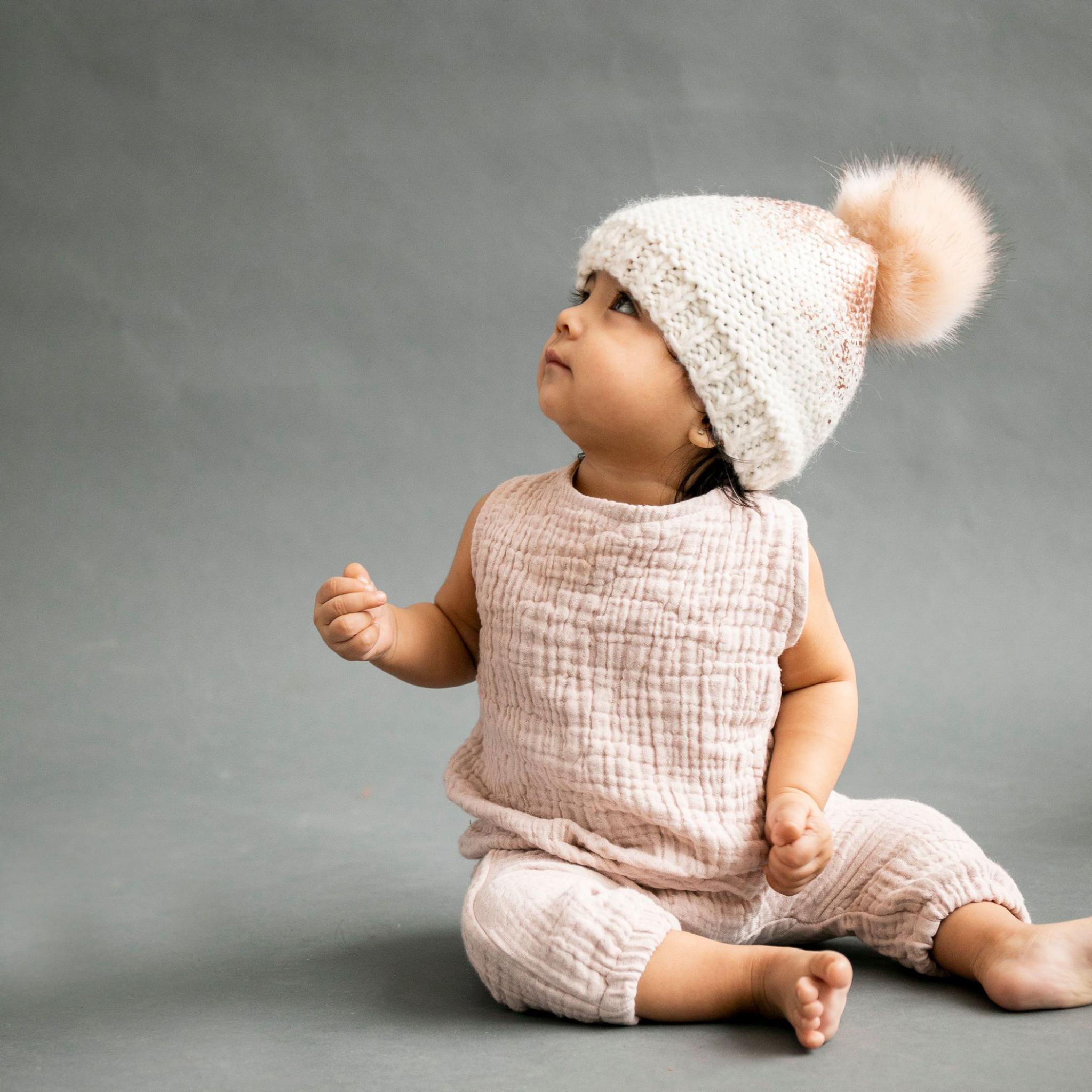 Pearl Metallic Hat With Fur Pom, Cream And Rose Gold