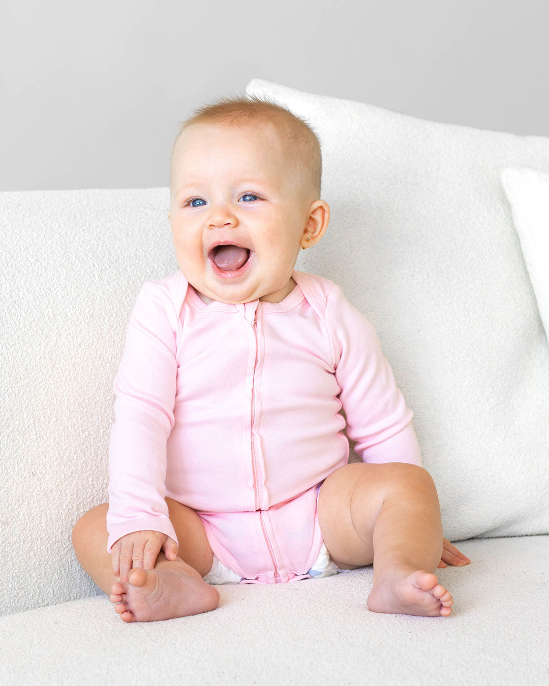 Long Sleeve Zipper Bodysuit In Blush, 9-12m