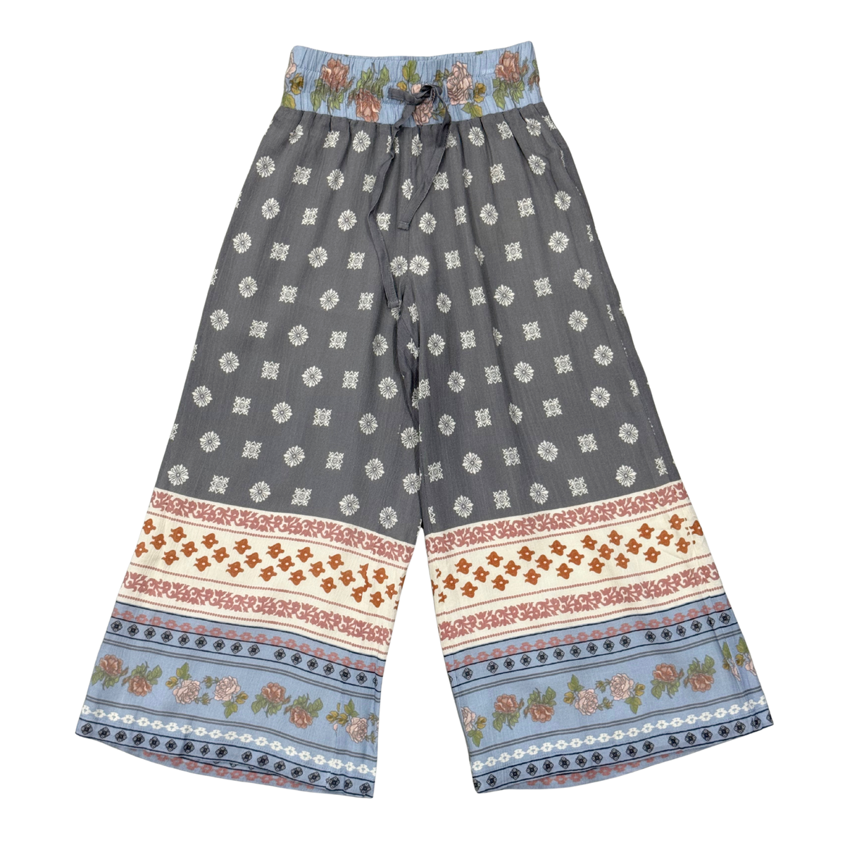 Girls Boho Wide Leg Flowy Pants In Border Print