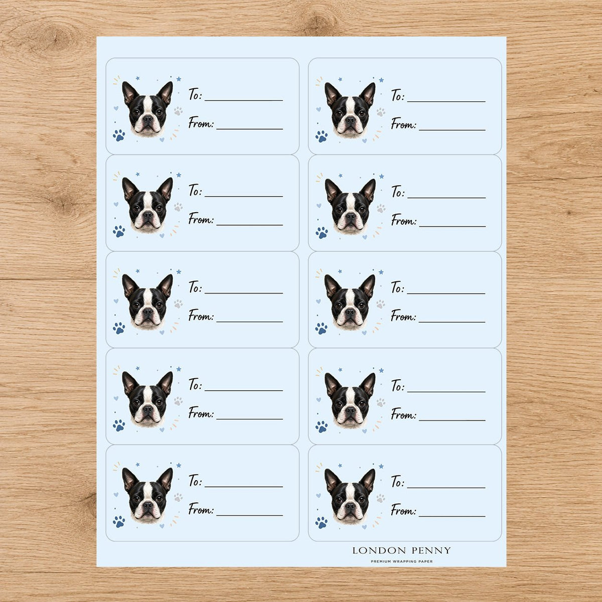 Boston Terrier Pawprint Wishes Gift Tag Sticker Sheet