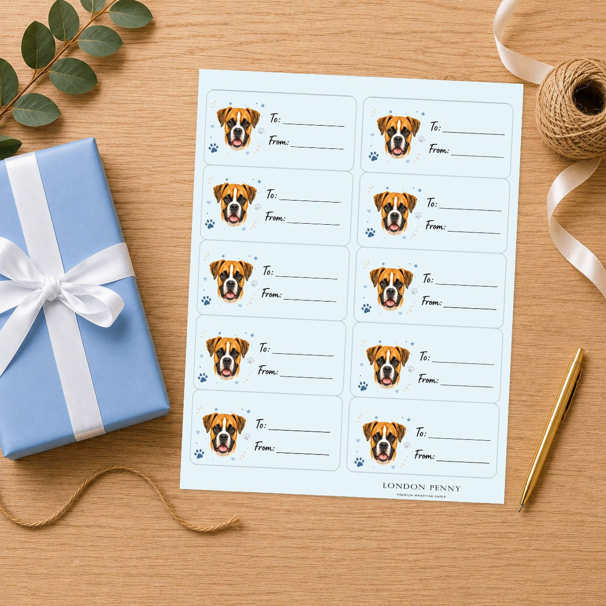Boxer Pawprint Wishes Gift Tag Sticker Sheet
