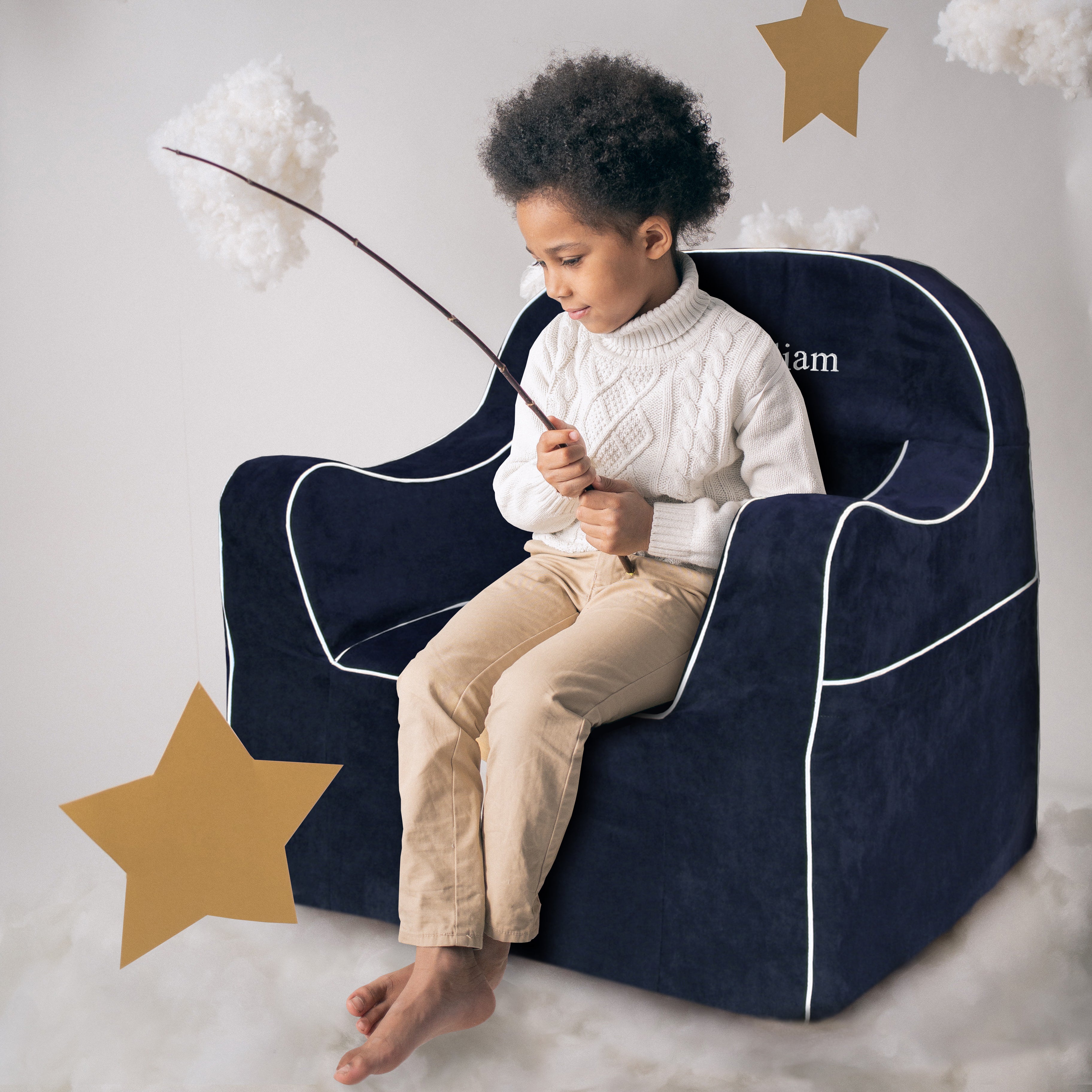 Reader Children's Chair - Navy Blue with White Piping