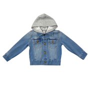 Boys Hooded Denim Jacket In Mid Blue Wash