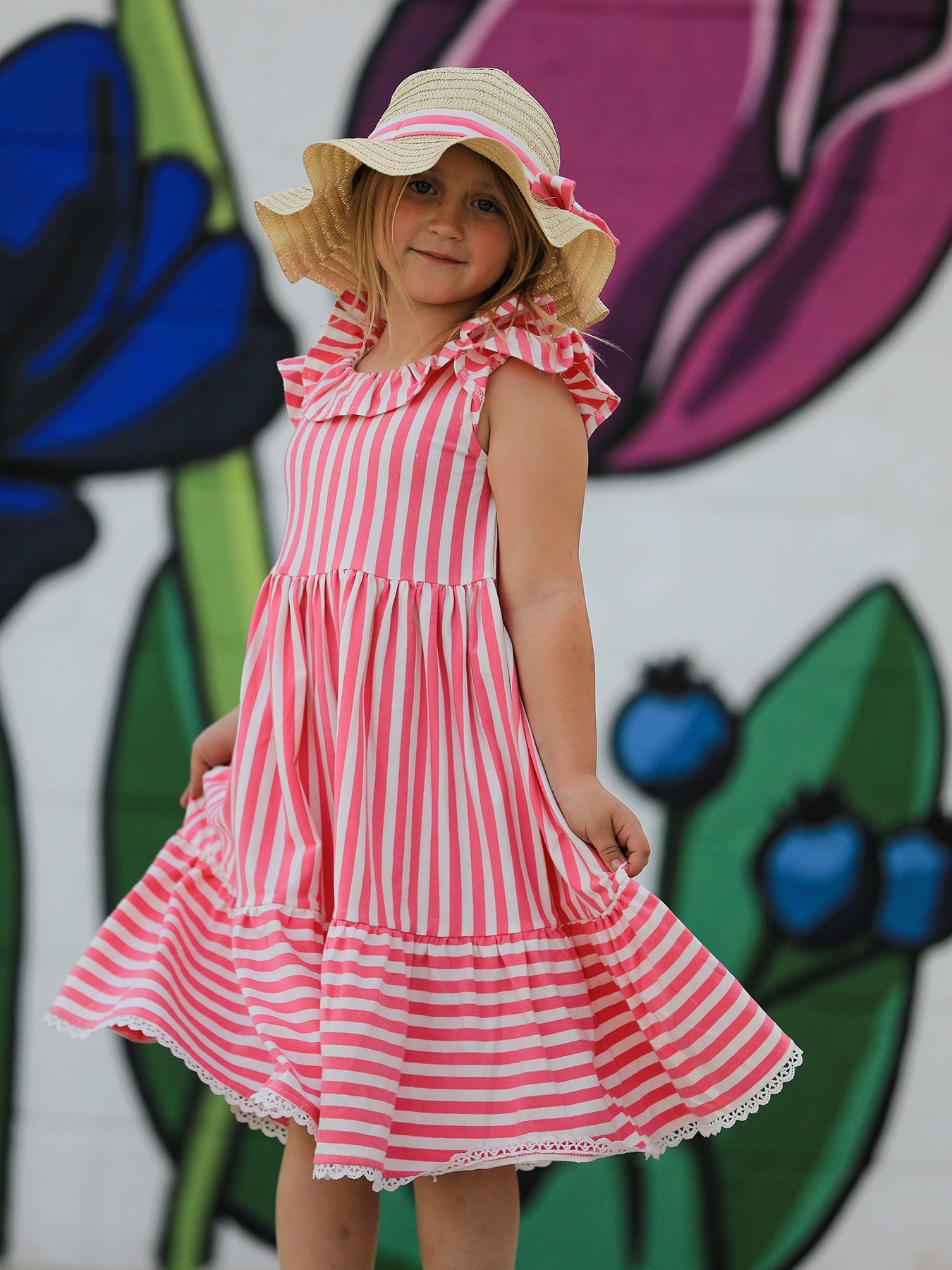 Spring  Pink Striped Ruffled Girls' Dress With Hat