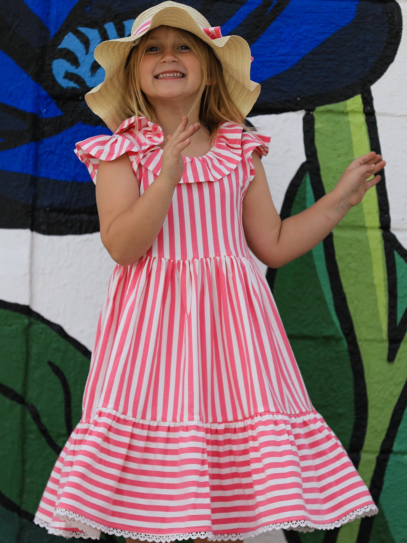 Spring  Pink Striped Ruffled Girls' Dress With Hat