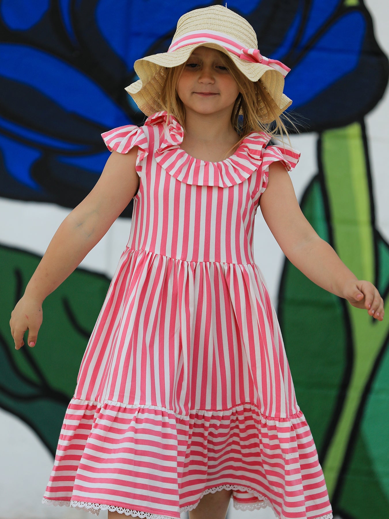 Spring  Pink Striped Ruffled Girls' Dress With Hat