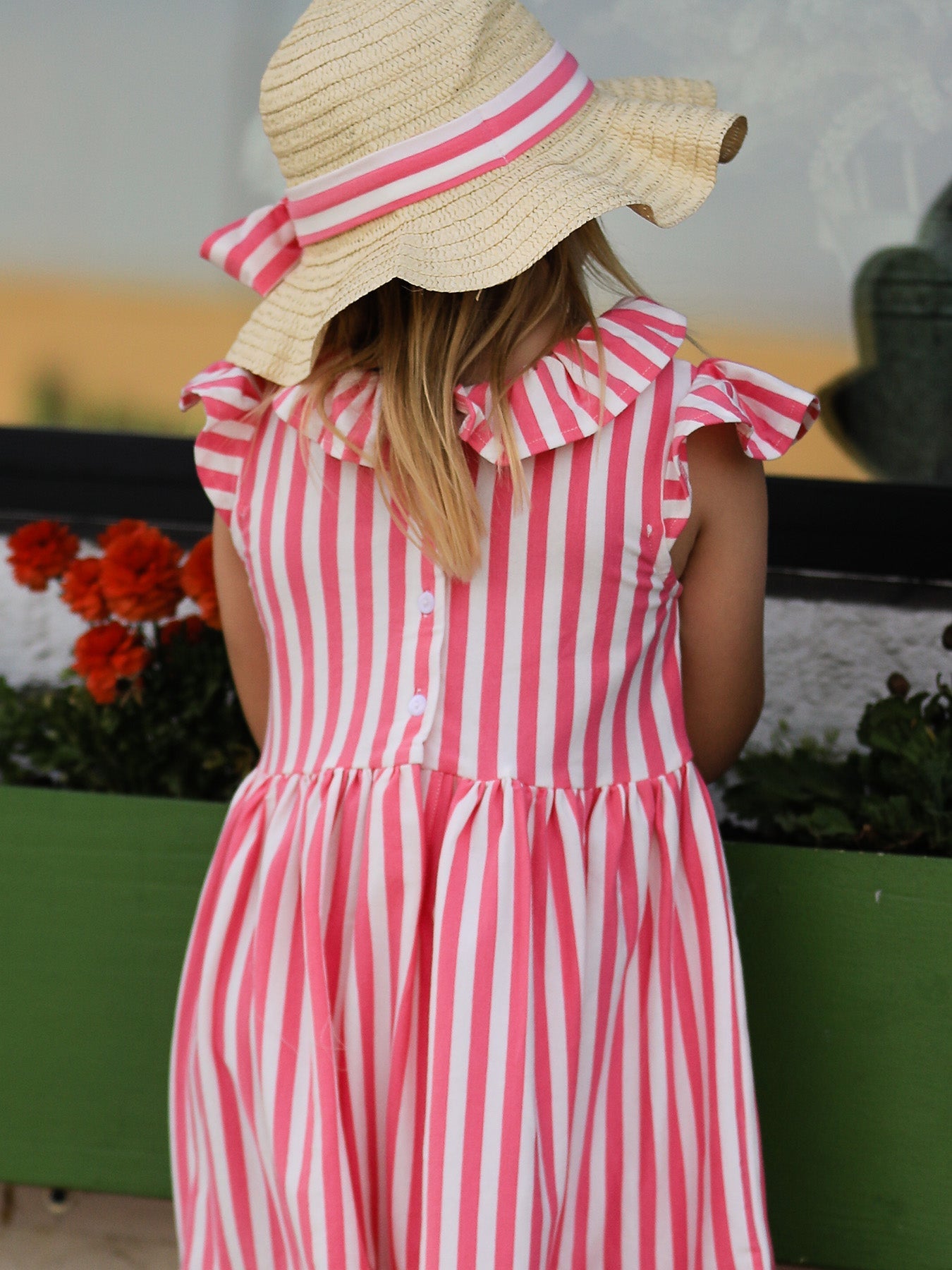 Spring  Pink Striped Ruffled Girls' Dress With Hat