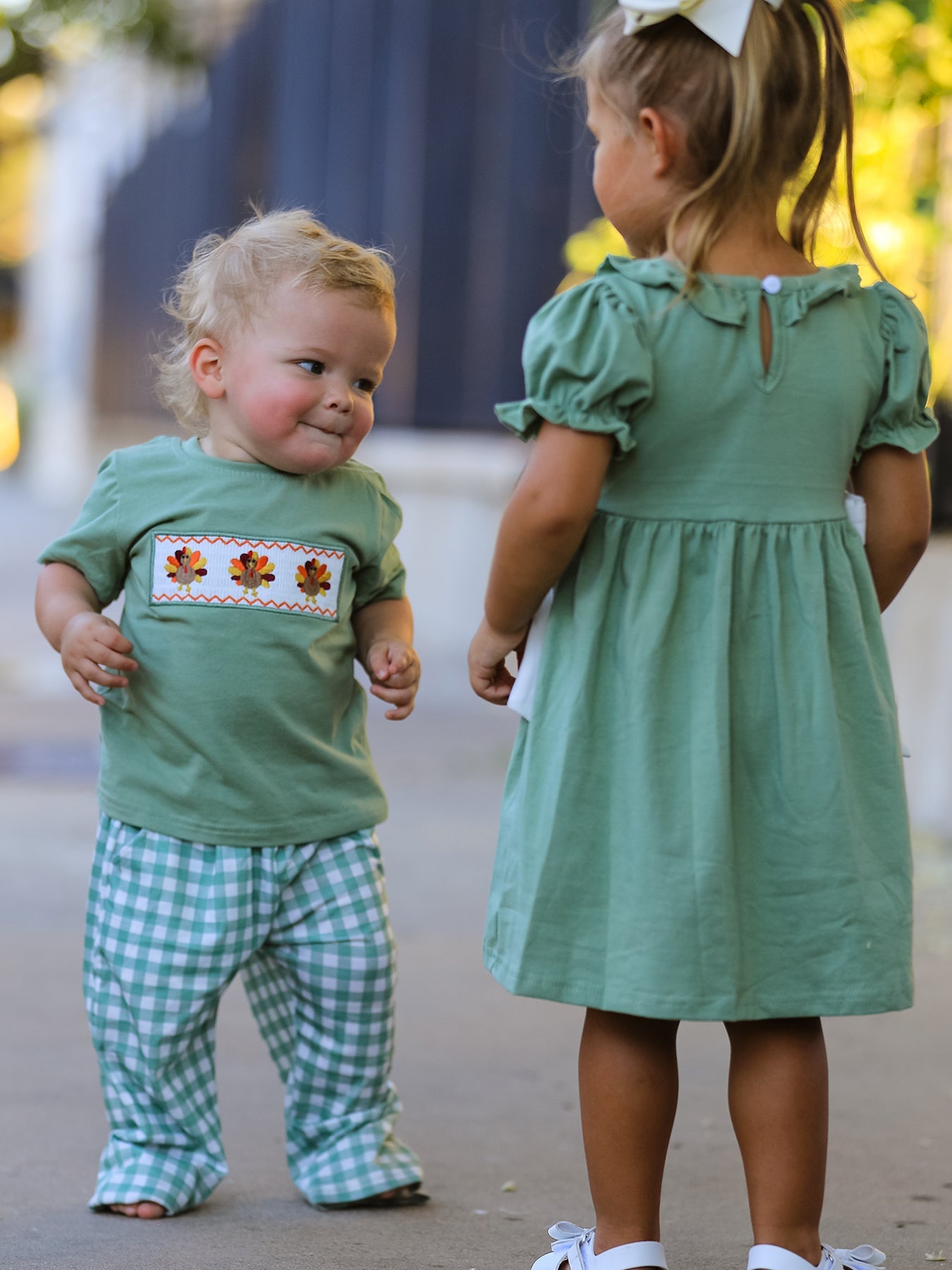 Fall Thanksgiving Chicken Smock Embroidered Green  Baby Girl Dress