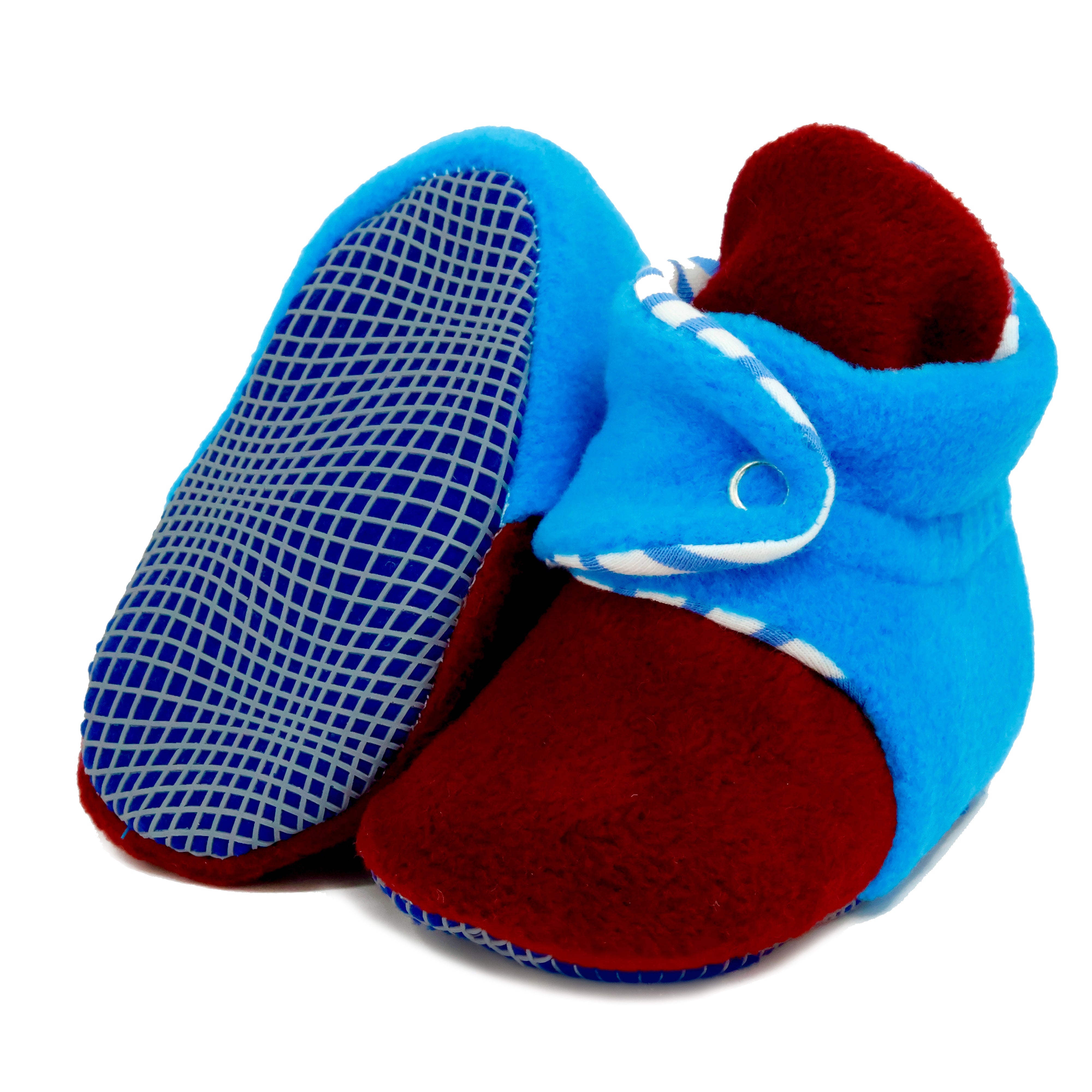 Anti-slip Sole, Fleece Baby Booties, Newborn Home Booties, Sweat Proof Organic Cotton Lining, Burgundy Blue