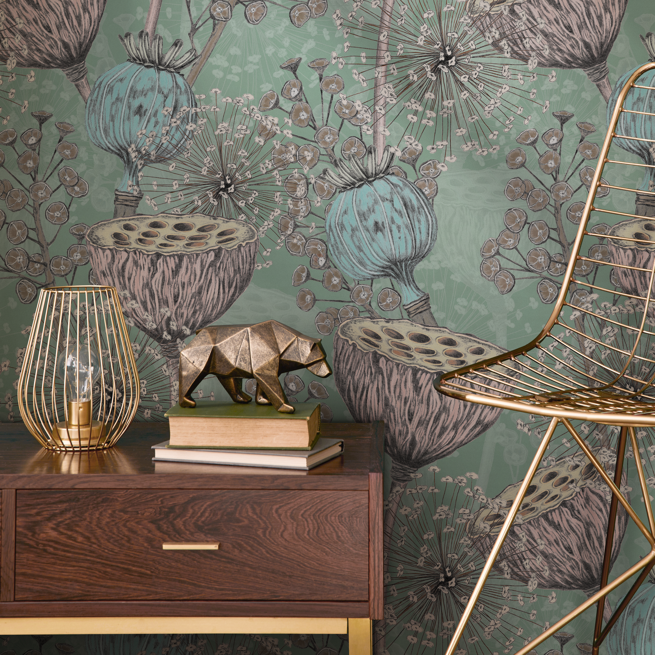 Botanical Wallpaper With Lotus And Poppy Seed Pods In Green, Pink, And Blue - C001