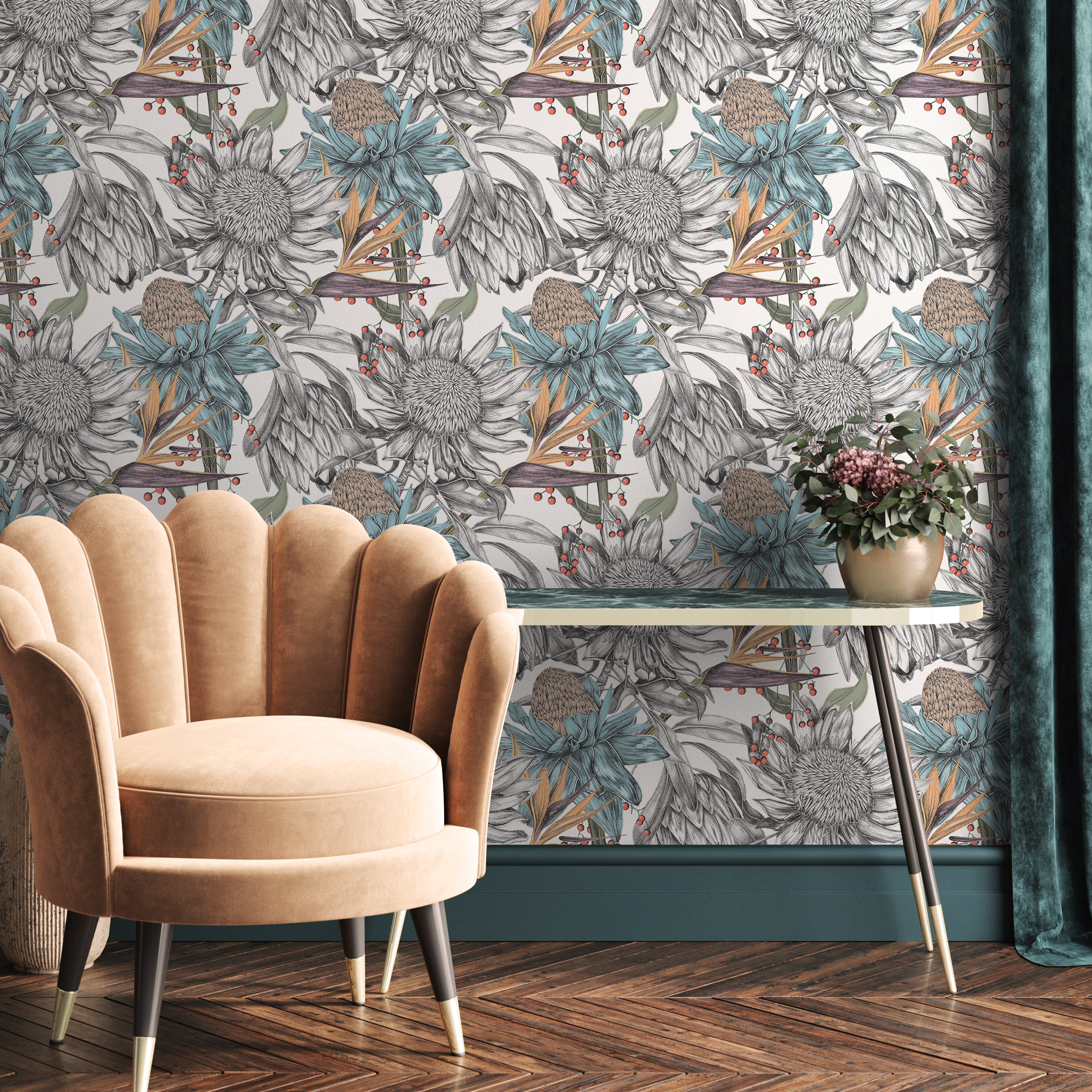 Floral Wallpaper With Sketched Proteas In Blue, Orange, And Gray - C002