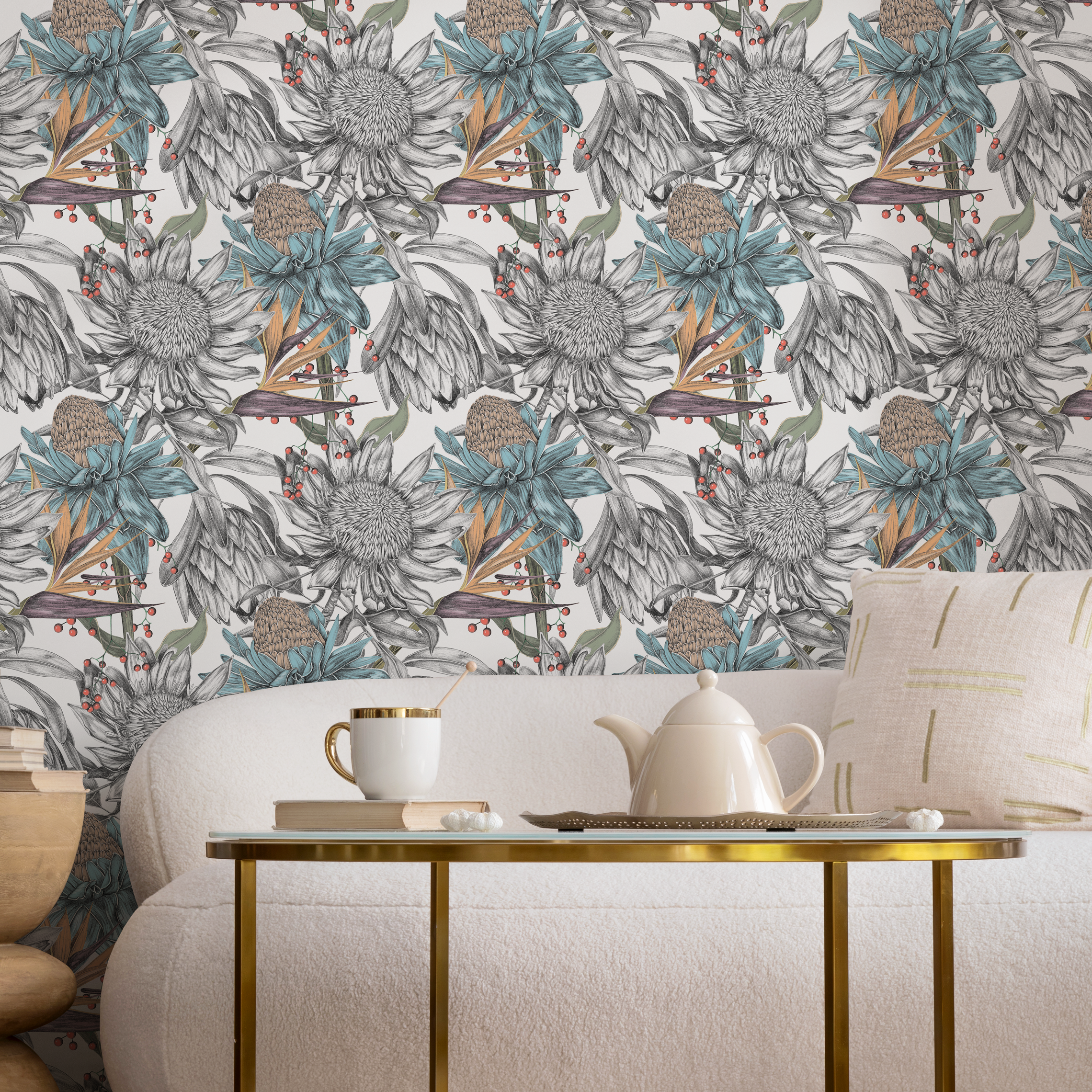 Floral Wallpaper With Sketched Proteas In Blue, Orange, And Gray - C002