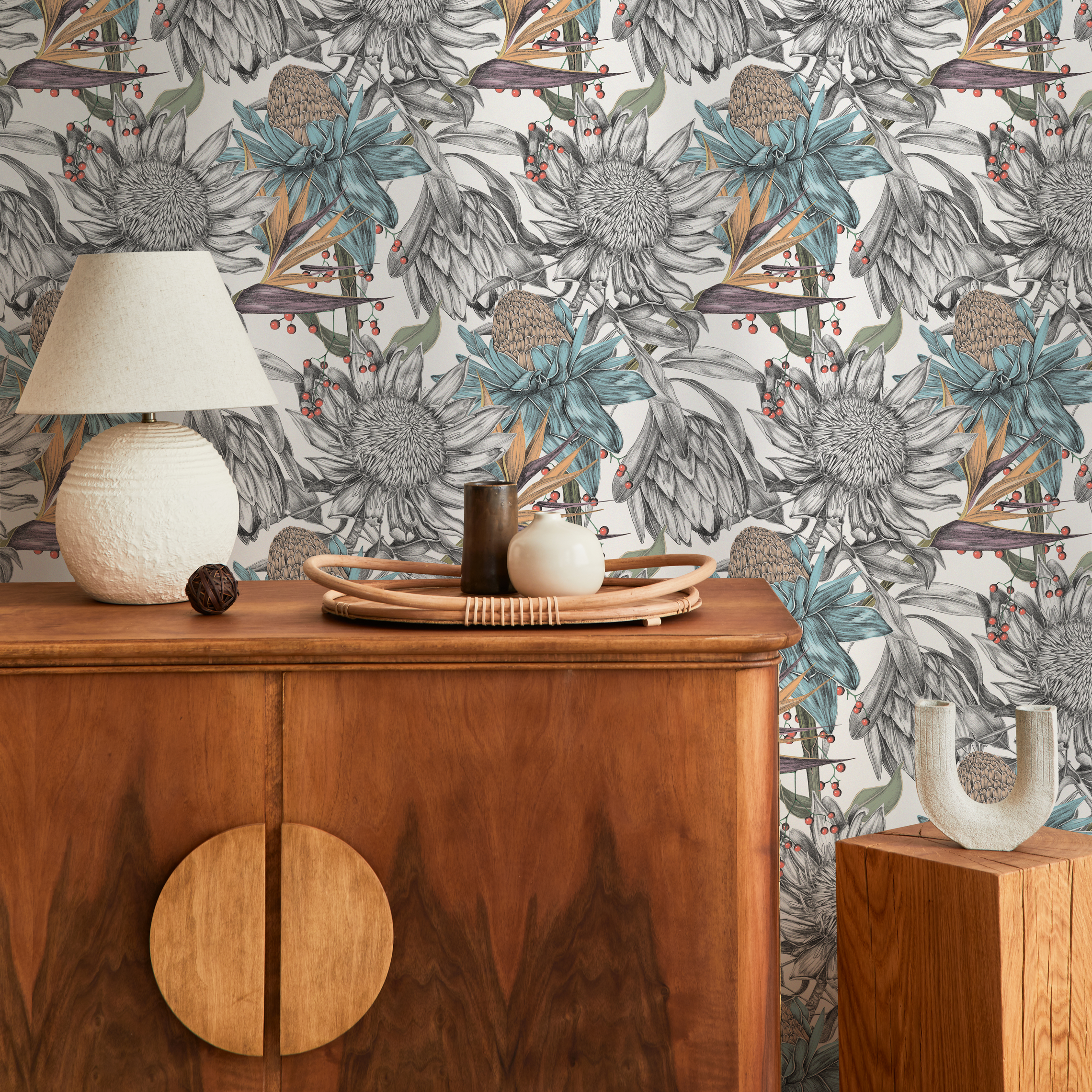 Floral Wallpaper With Sketched Proteas In Blue, Orange, And Gray - C002