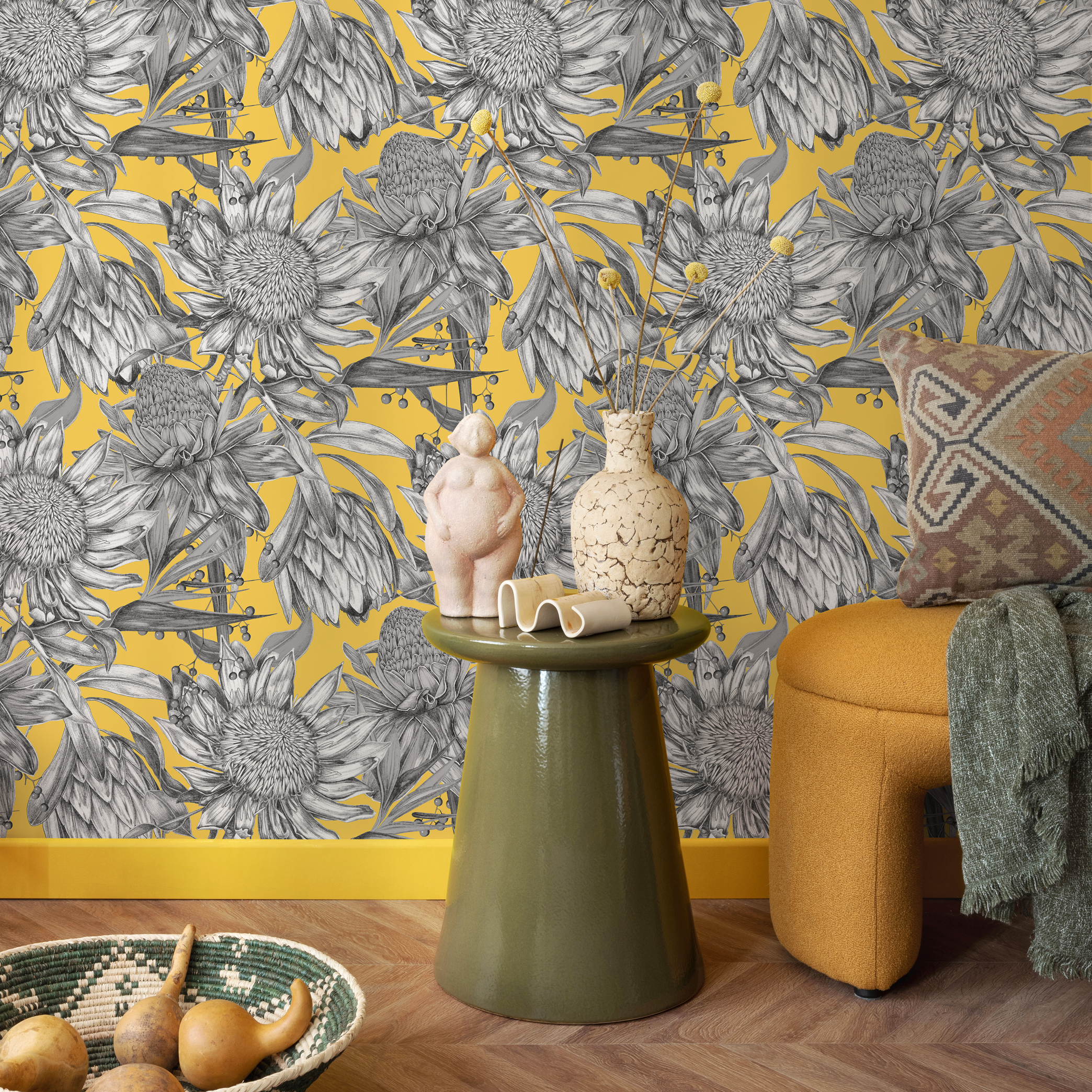 Botanical Wallpaper Featuring Illustrated Protea Flowers In Yellow, Gray, And Black - C003
