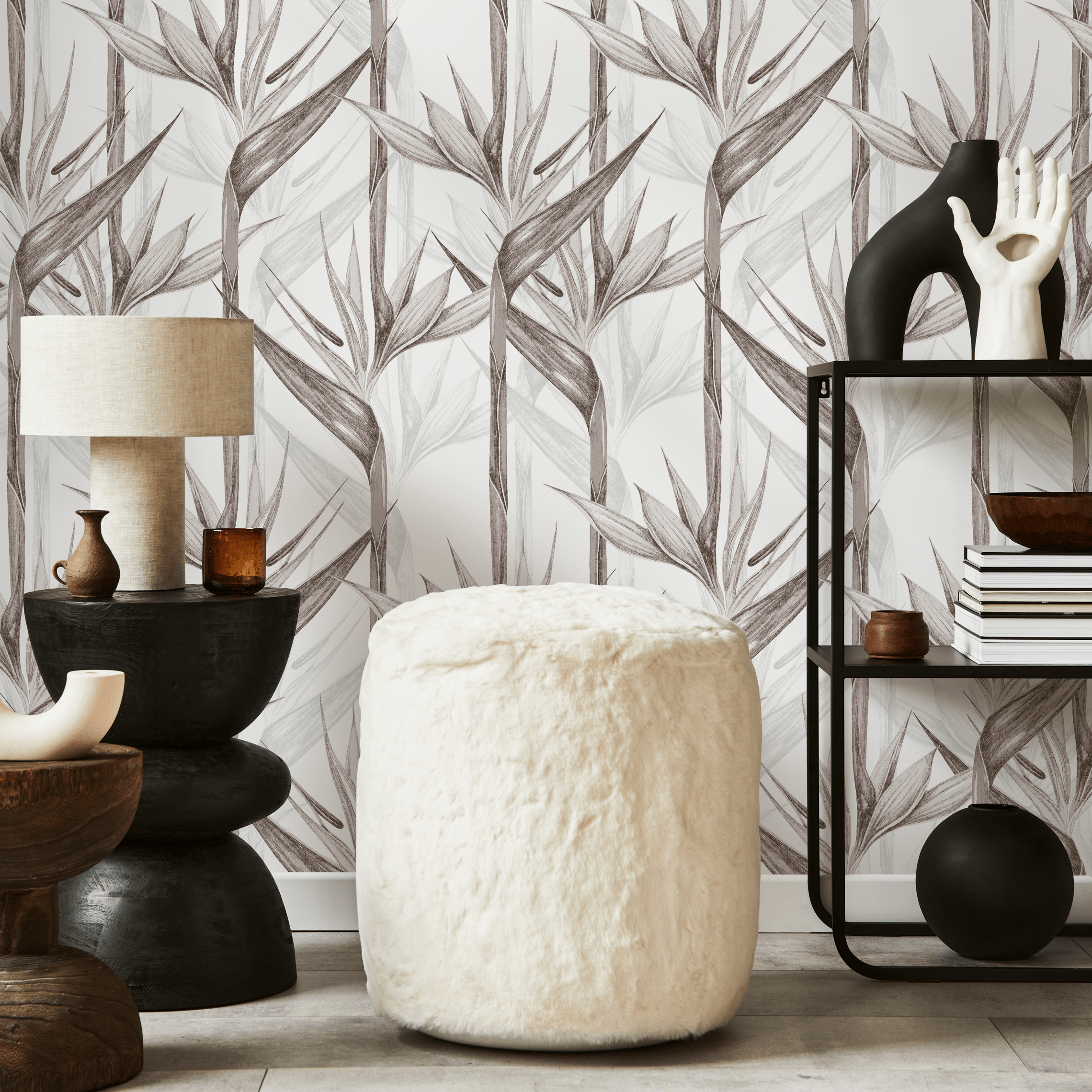 Botanical Wallpaper With Bird Of Paradise Flowers In Brown And Gray - C004