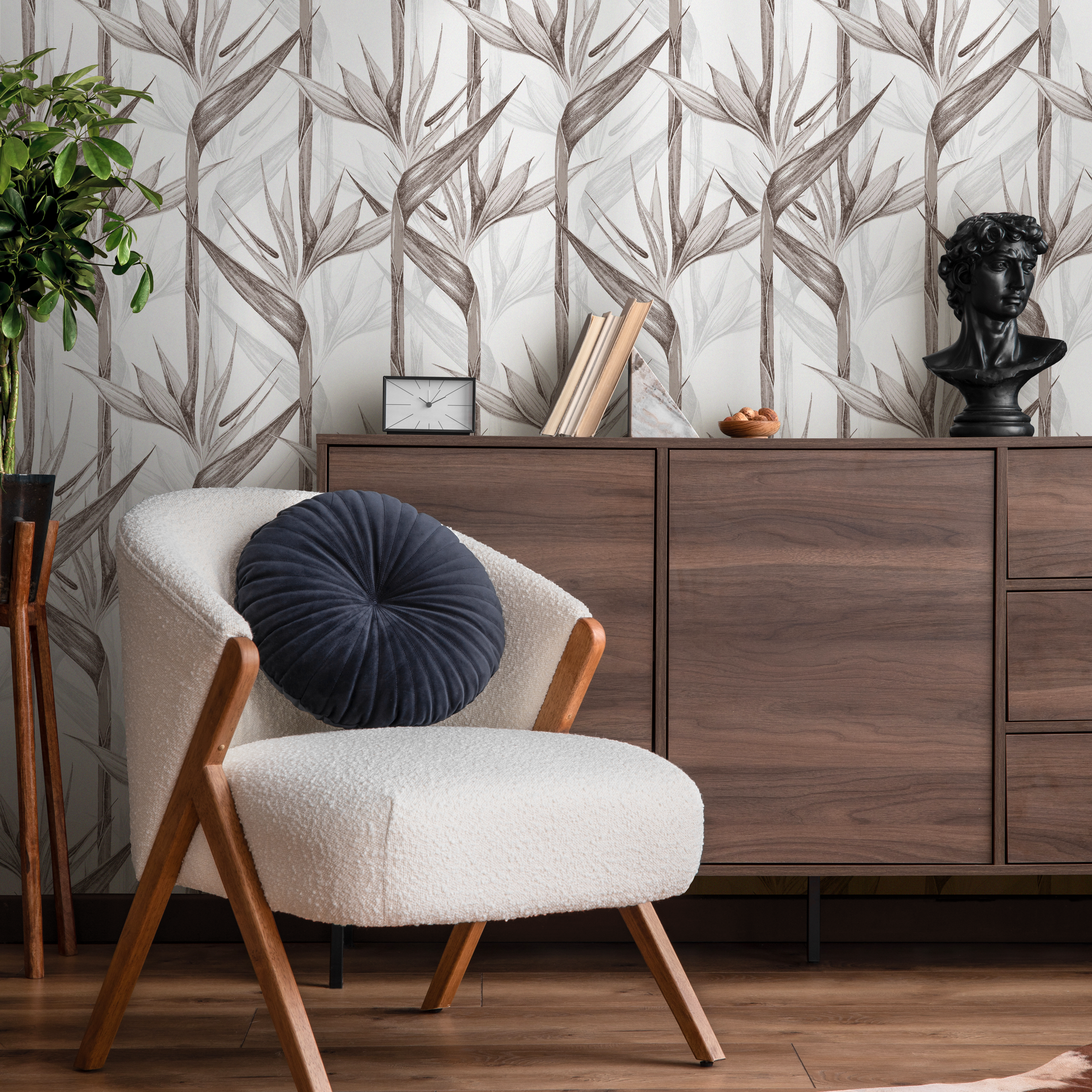 Botanical Wallpaper With Bird Of Paradise Flowers In Brown And Gray - C004