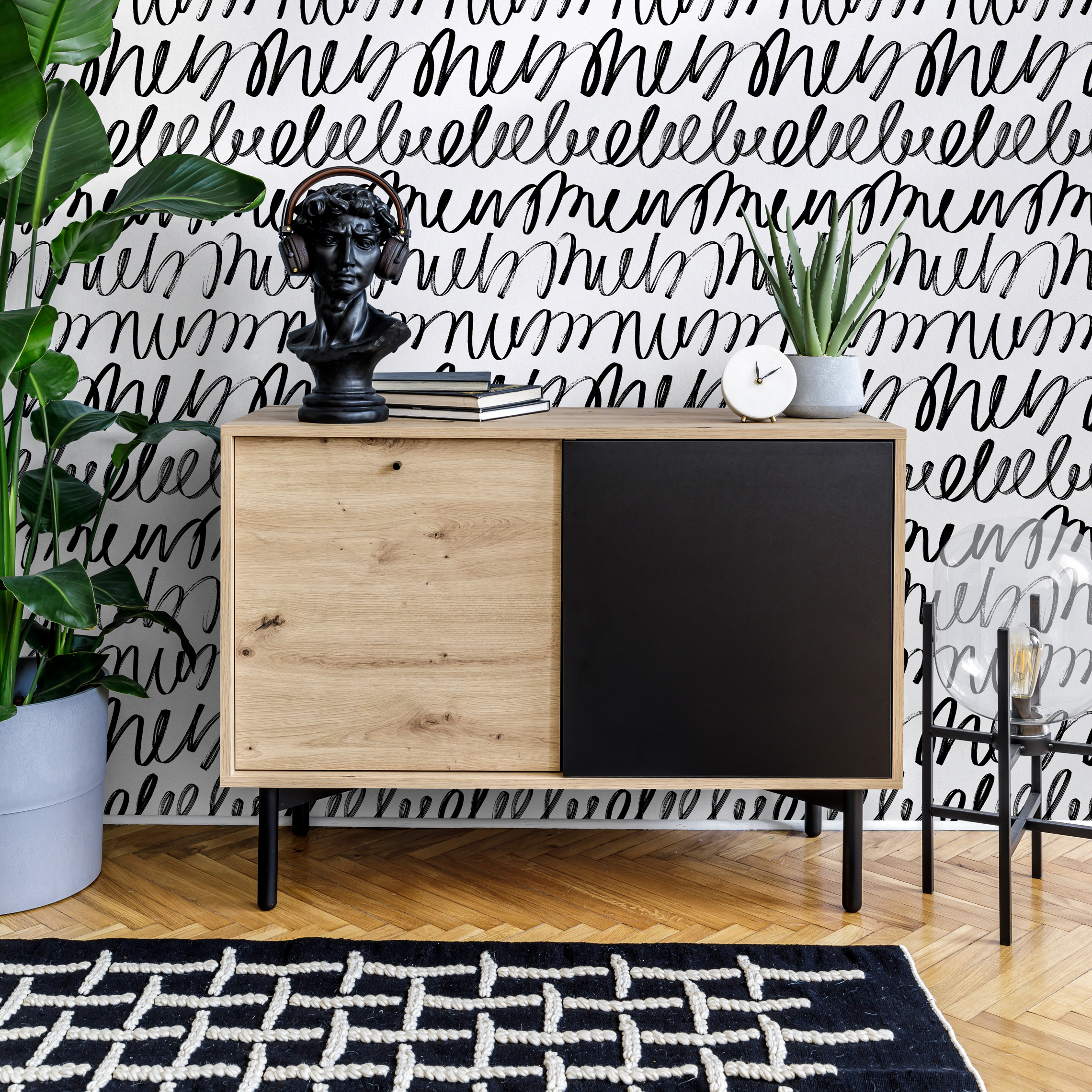 Abstract Wallpaper With A Continuous Script Motif In Black And White - C005