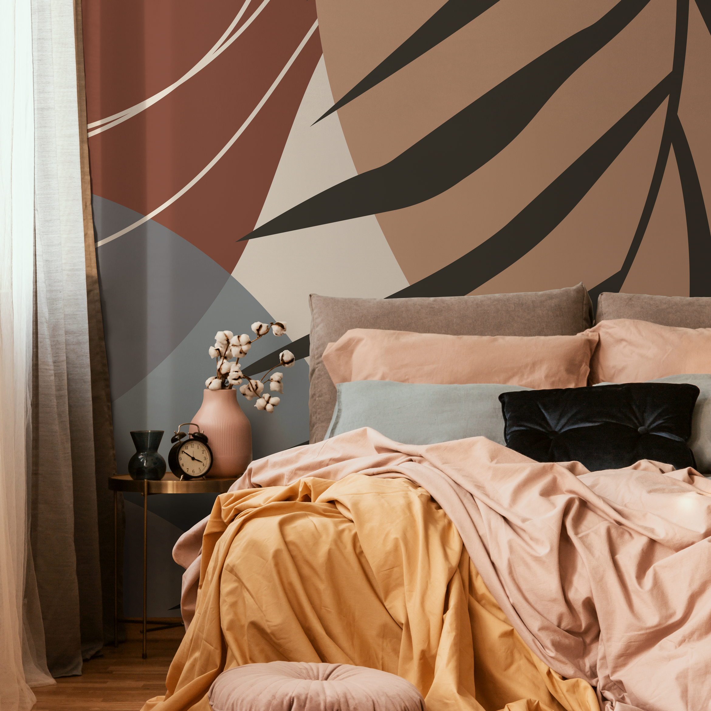 Abstract Wallpaper With A Tropical Leaf Motif In Terracotta, Blue, And Brown - C006