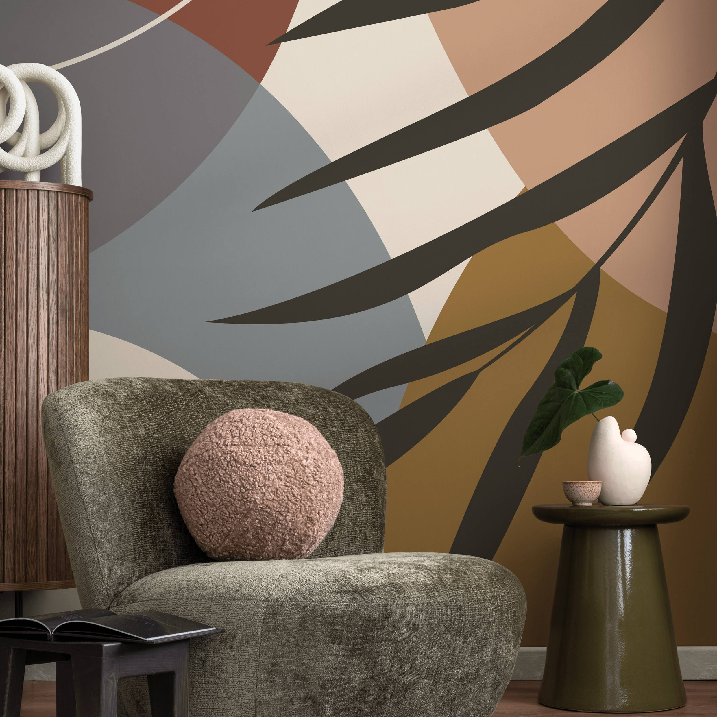 Abstract Wallpaper With A Tropical Leaf Motif In Terracotta, Blue, And Brown - C006