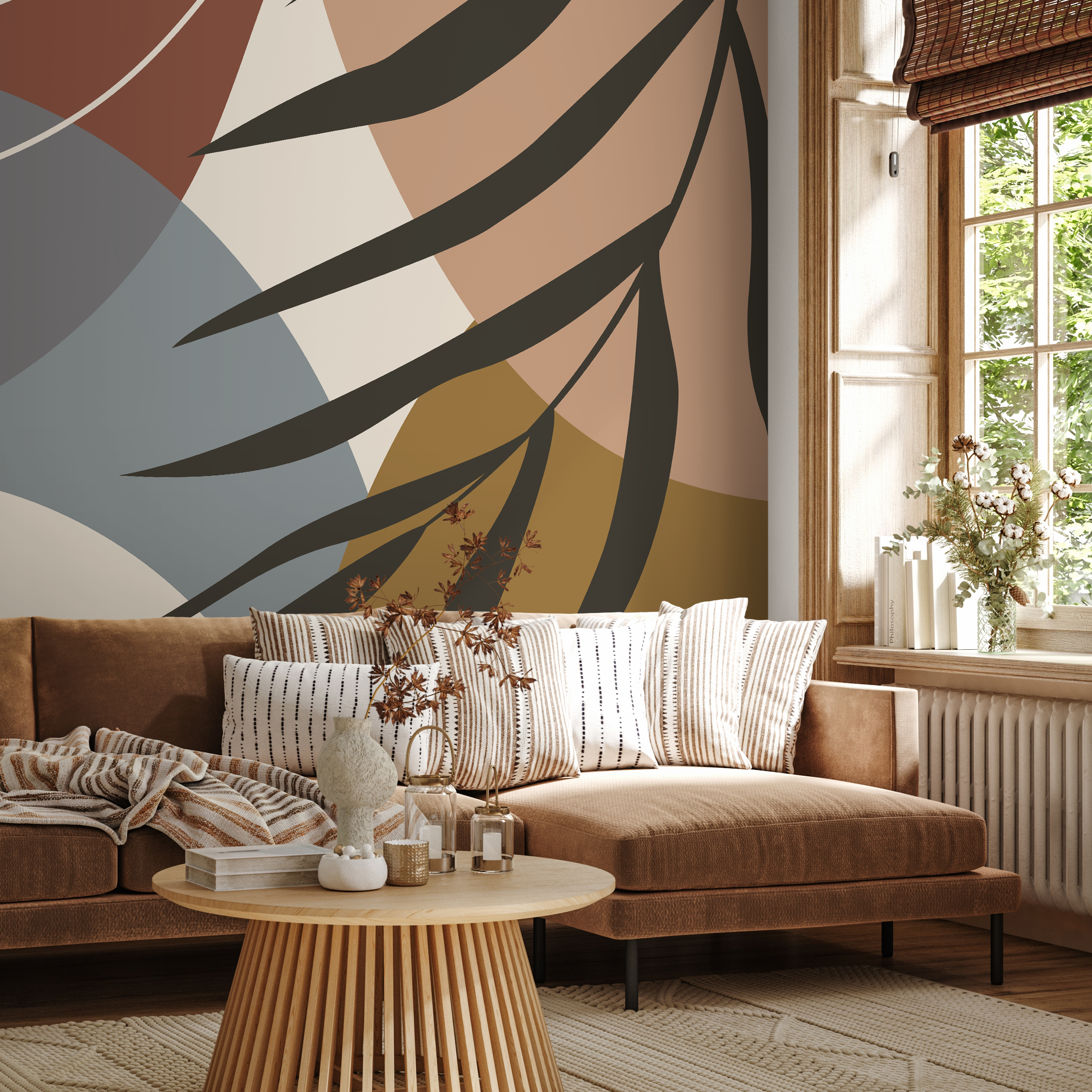 Abstract Wallpaper With A Tropical Leaf Motif In Terracotta, Blue, And Brown - C006
