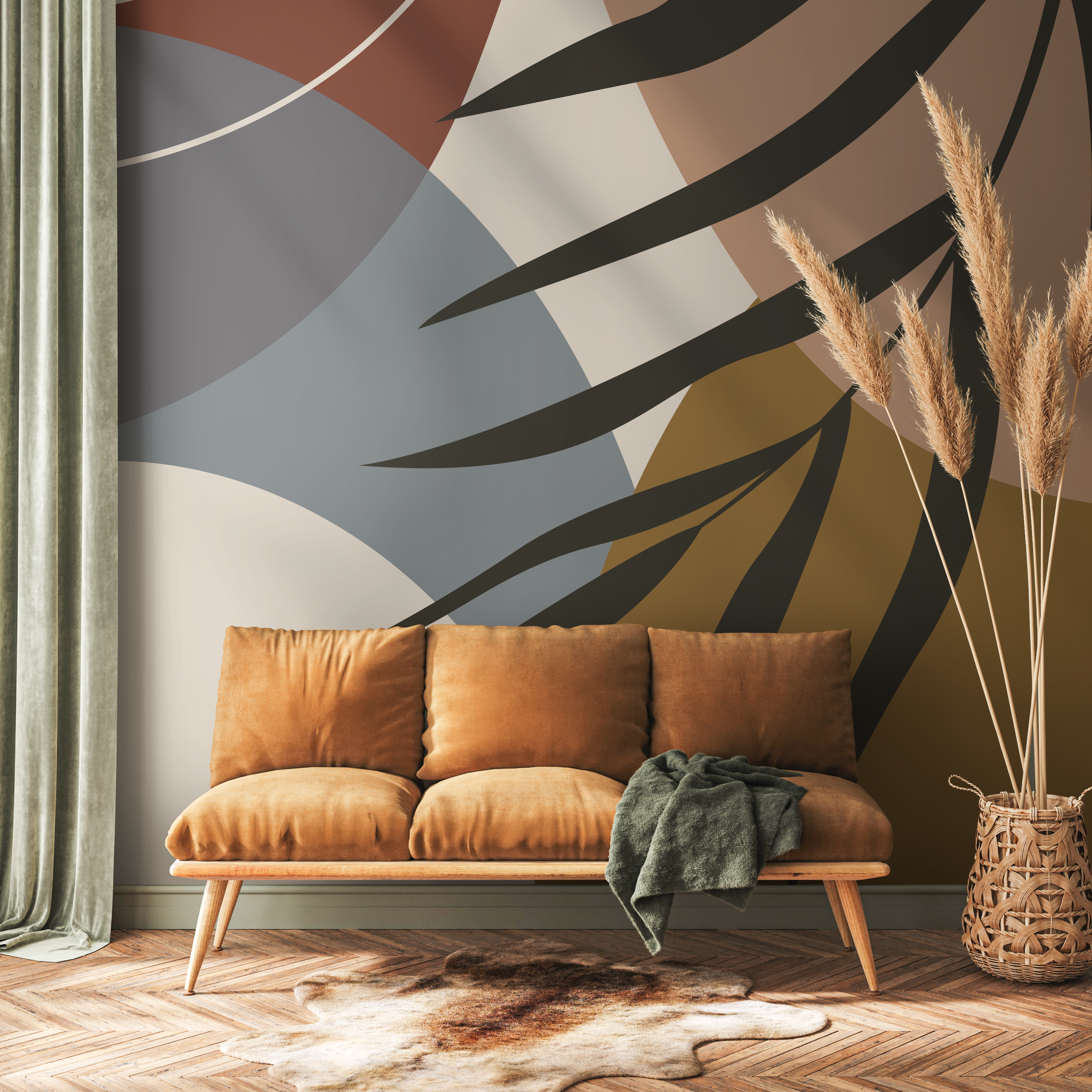 Abstract Wallpaper With A Tropical Leaf Motif In Terracotta, Blue, And Brown - C006