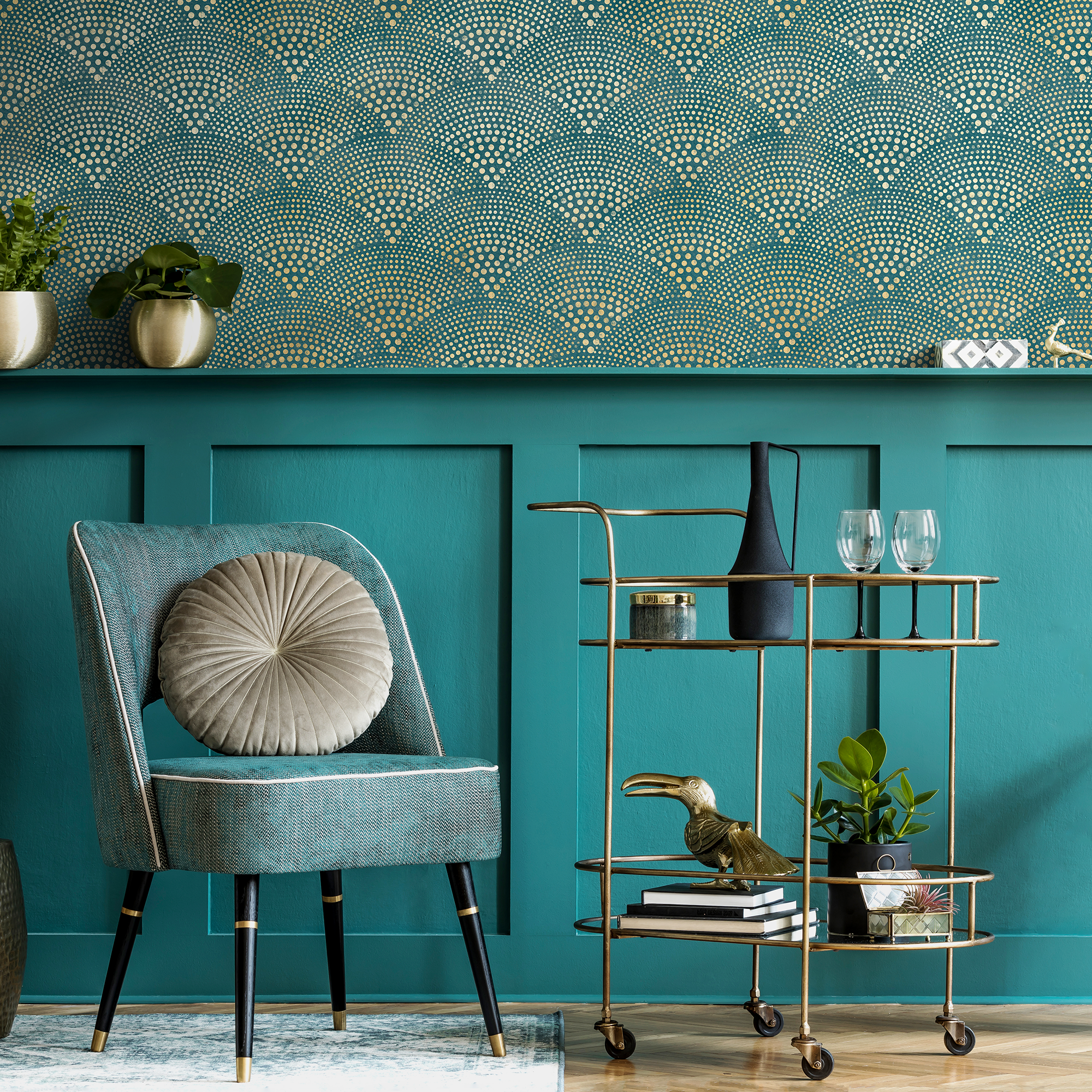 Geometric Wallpaper With A Radiating Dot Motif In Teal And Gold - C008