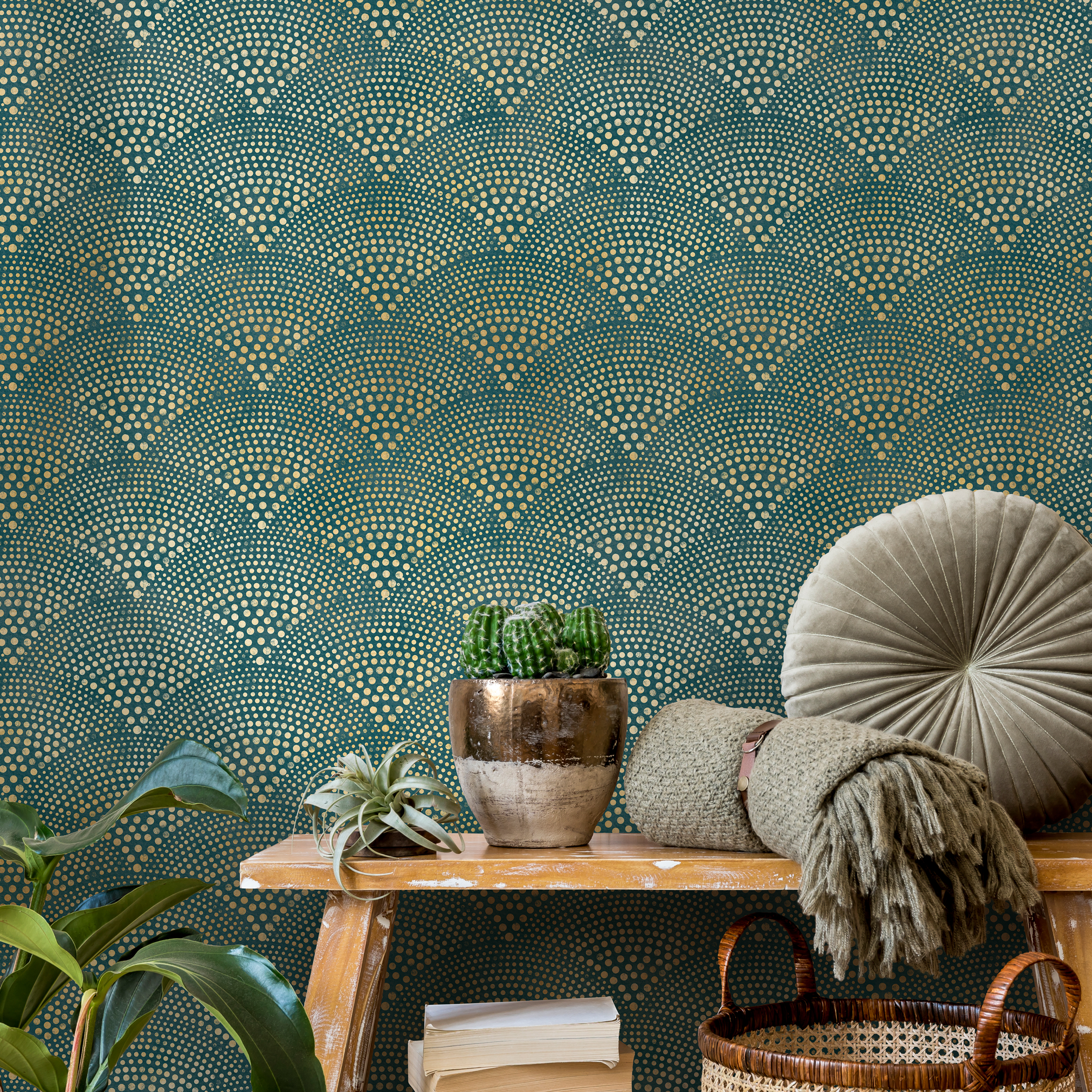 Geometric Wallpaper With A Radiating Dot Motif In Teal And Gold - C008