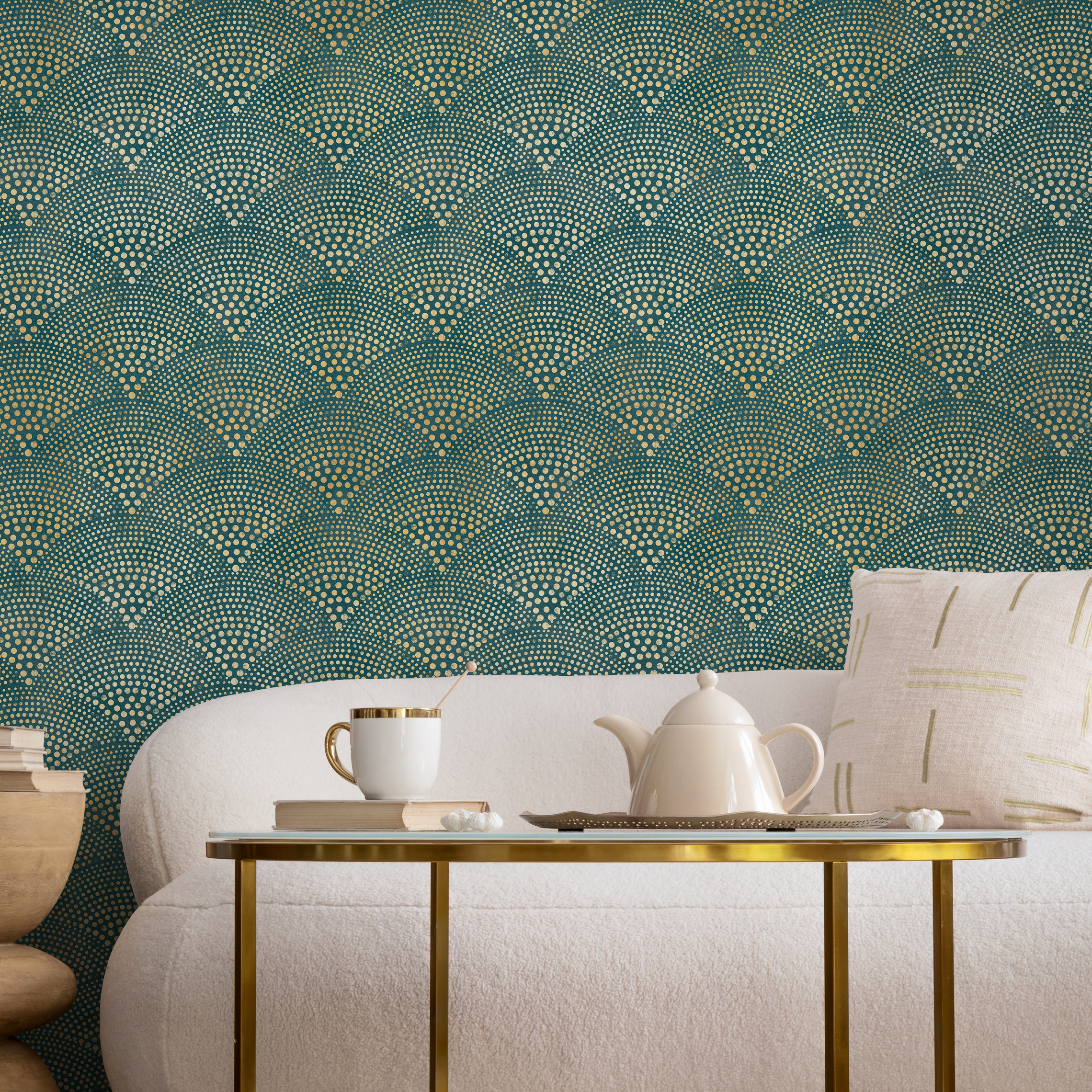 Geometric Wallpaper With A Radiating Dot Motif In Teal And Gold - C008