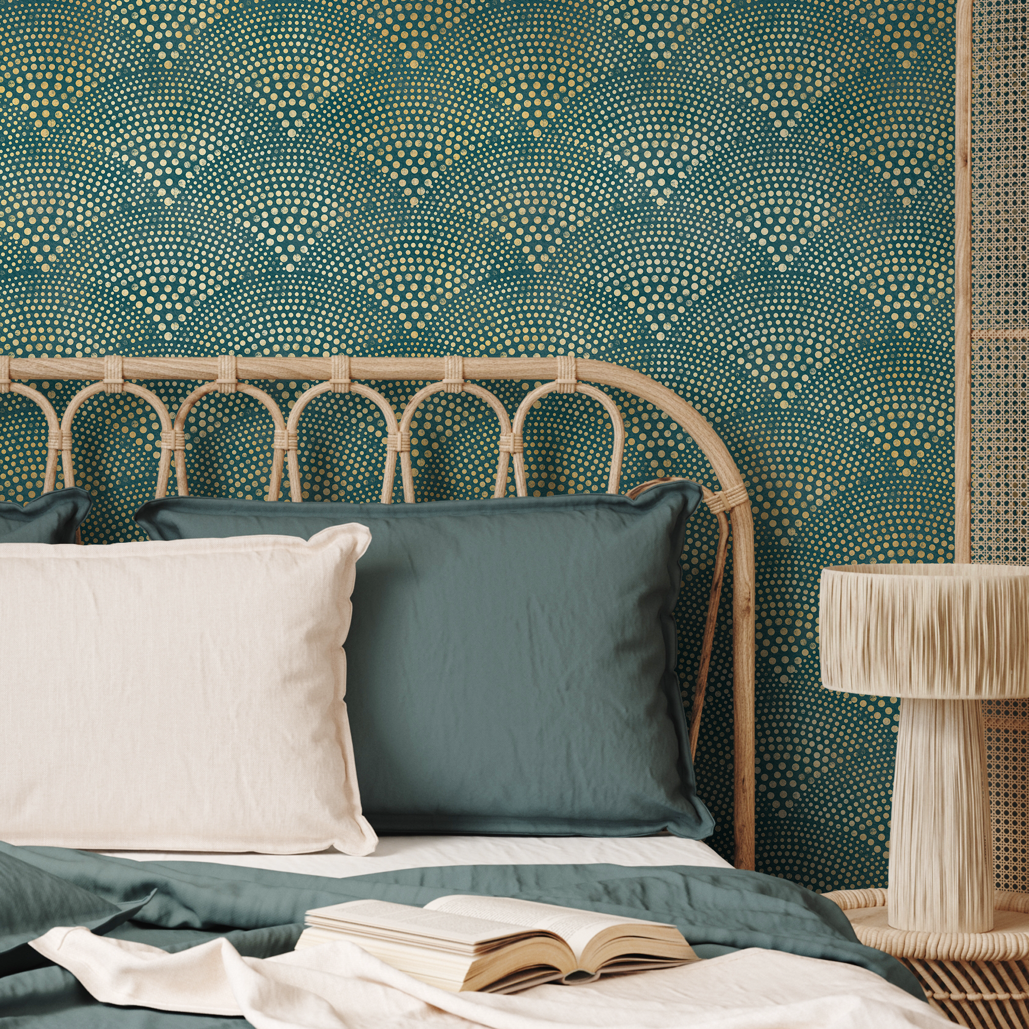 Geometric Wallpaper With A Radiating Dot Motif In Teal And Gold - C008