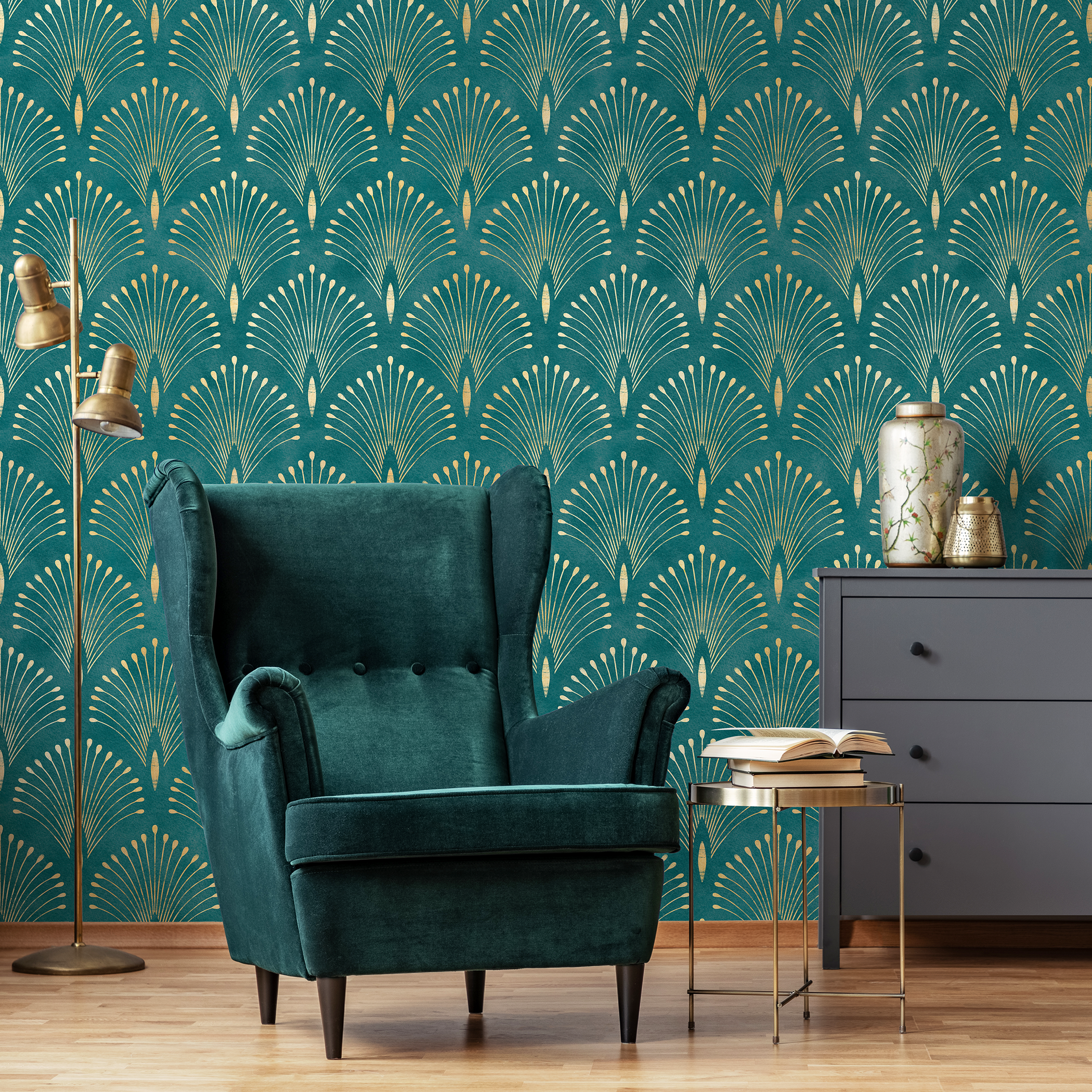 Art Deco Wallpaper With Geometric Palm Fronds In Teal And Gold - C011