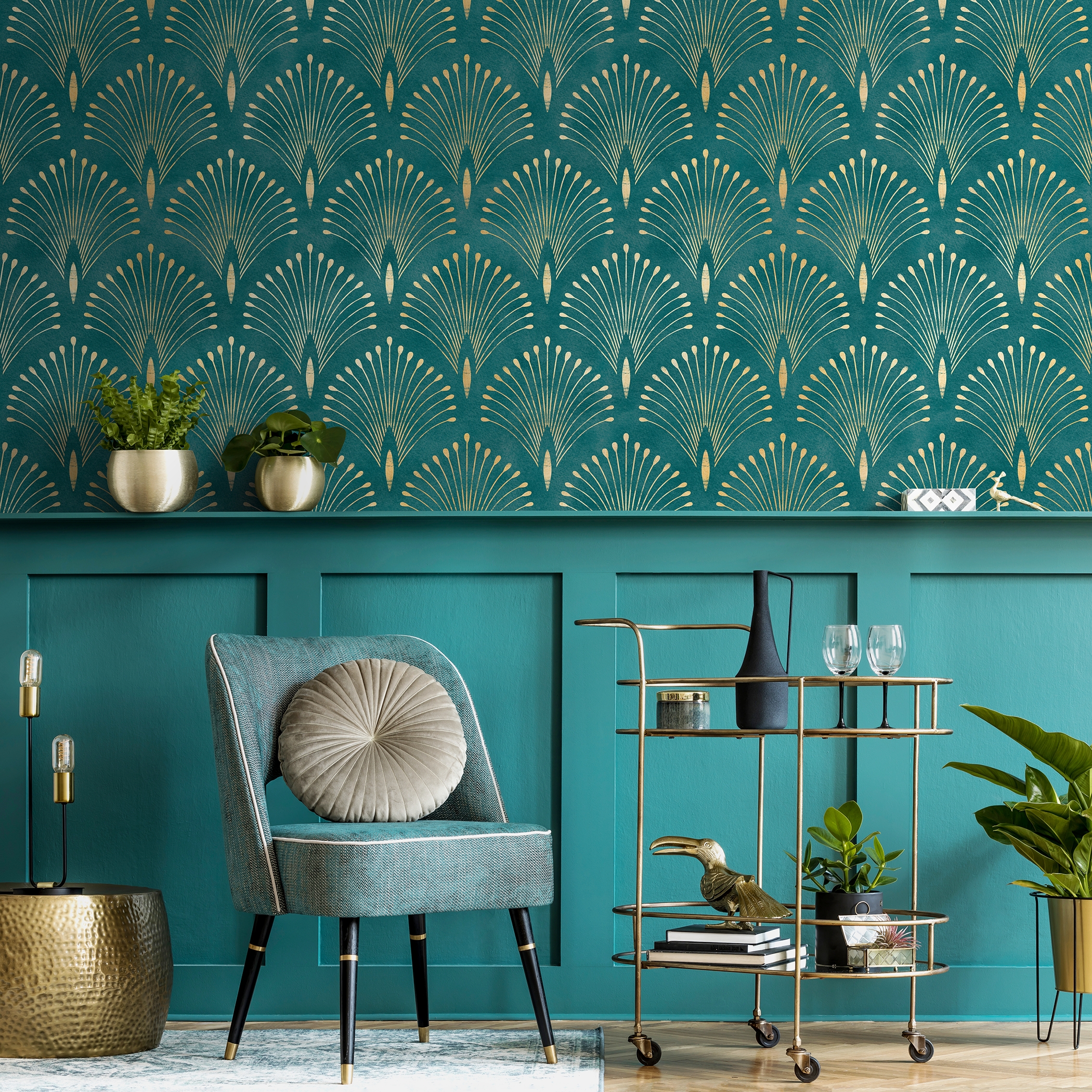 Art Deco Wallpaper With Geometric Palm Fronds In Teal And Gold - C011