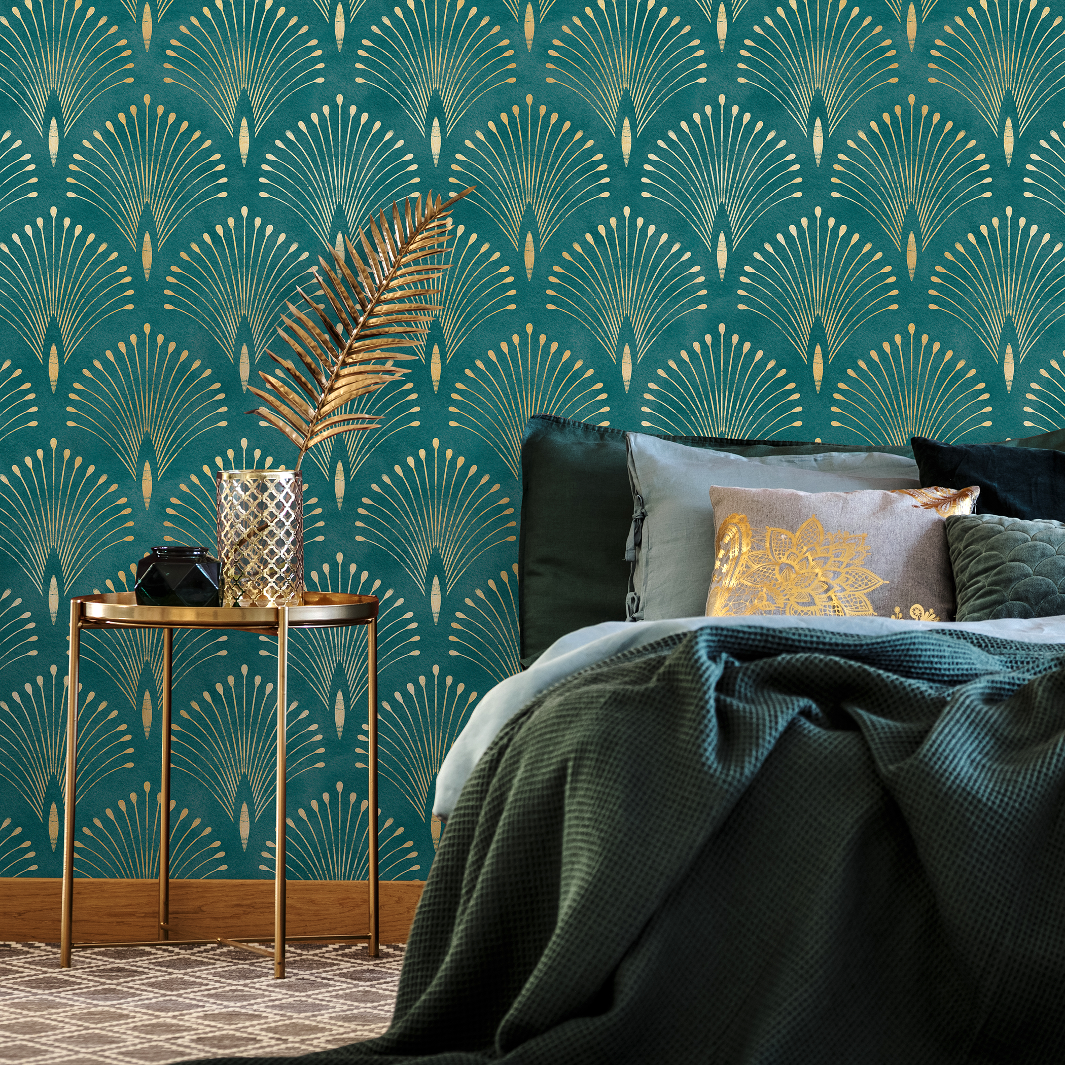 Art Deco Wallpaper With Geometric Palm Fronds In Teal And Gold - C011