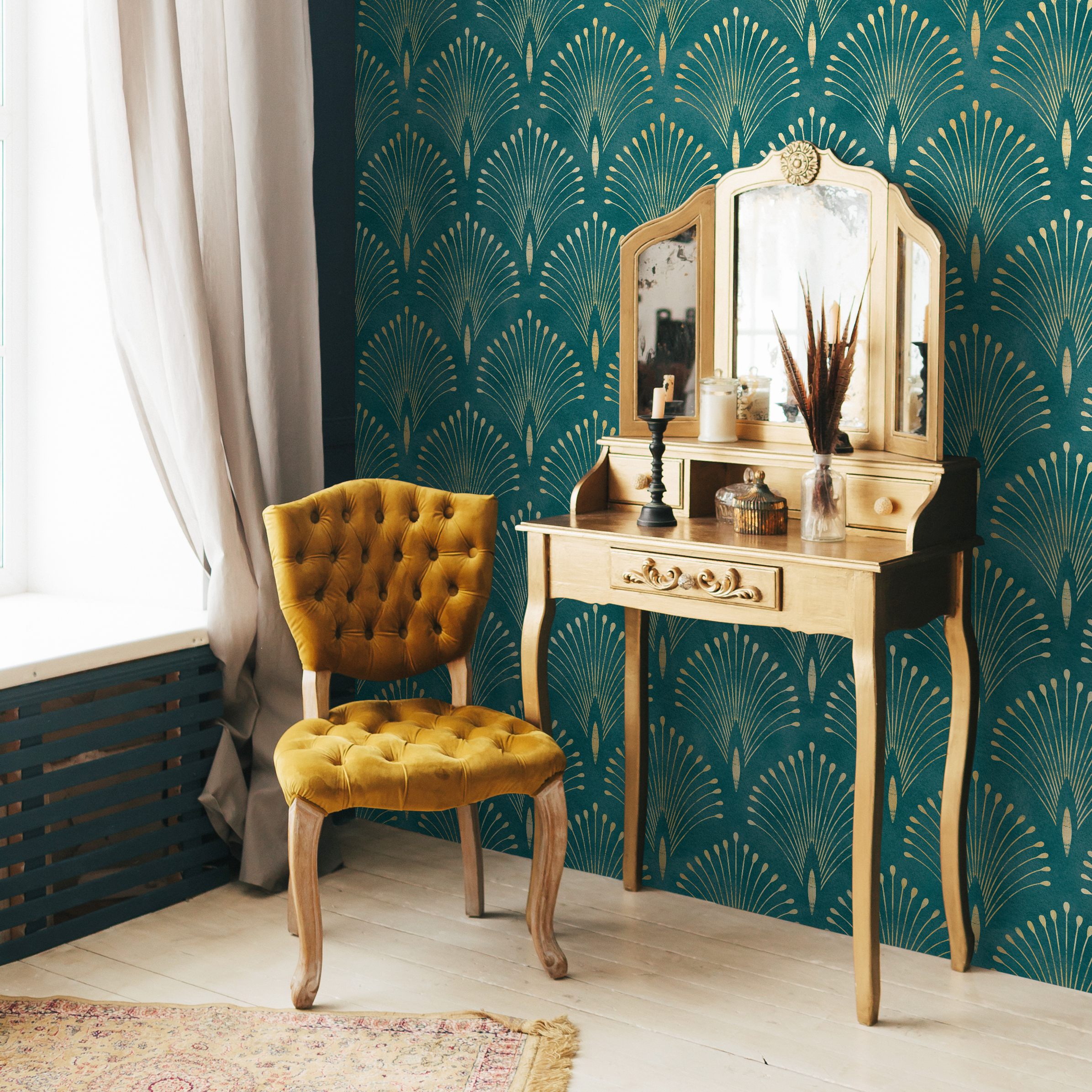 Art Deco Wallpaper With Geometric Palm Fronds In Teal And Gold - C011