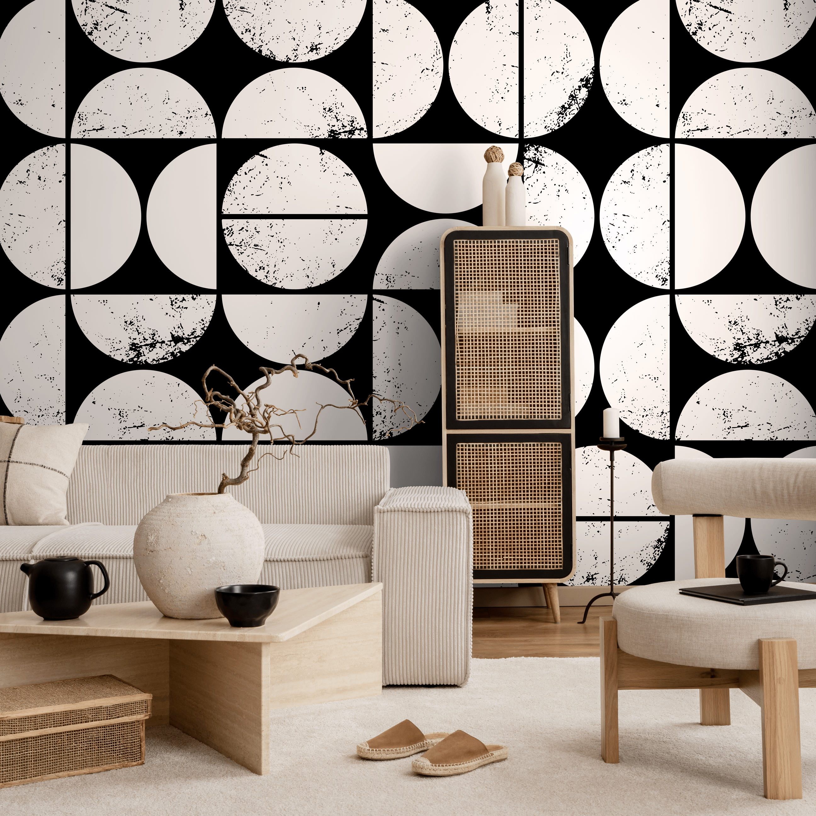 Geometric Wallpaper With A Distressed Circle Grid In Black And Cream - C012