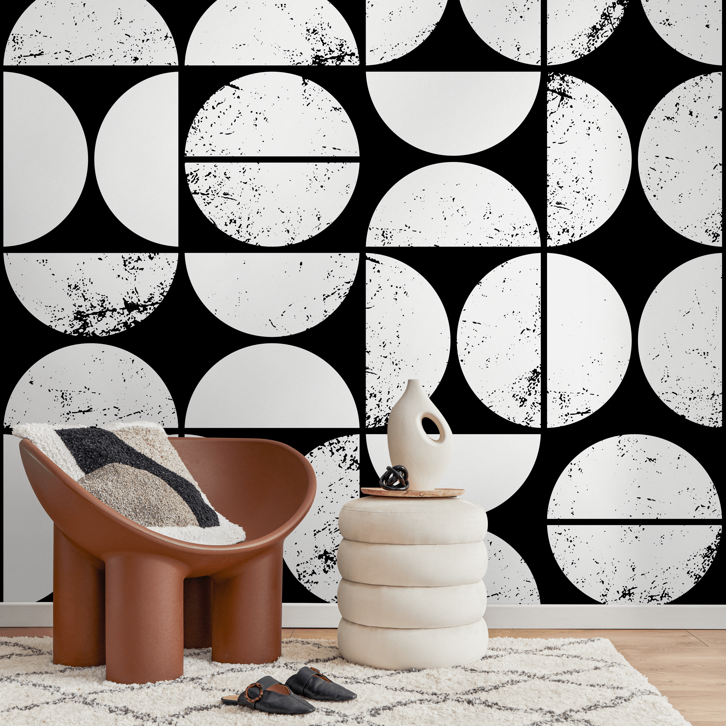 Geometric Wallpaper With A Distressed Circle Grid In Black And Cream - C012