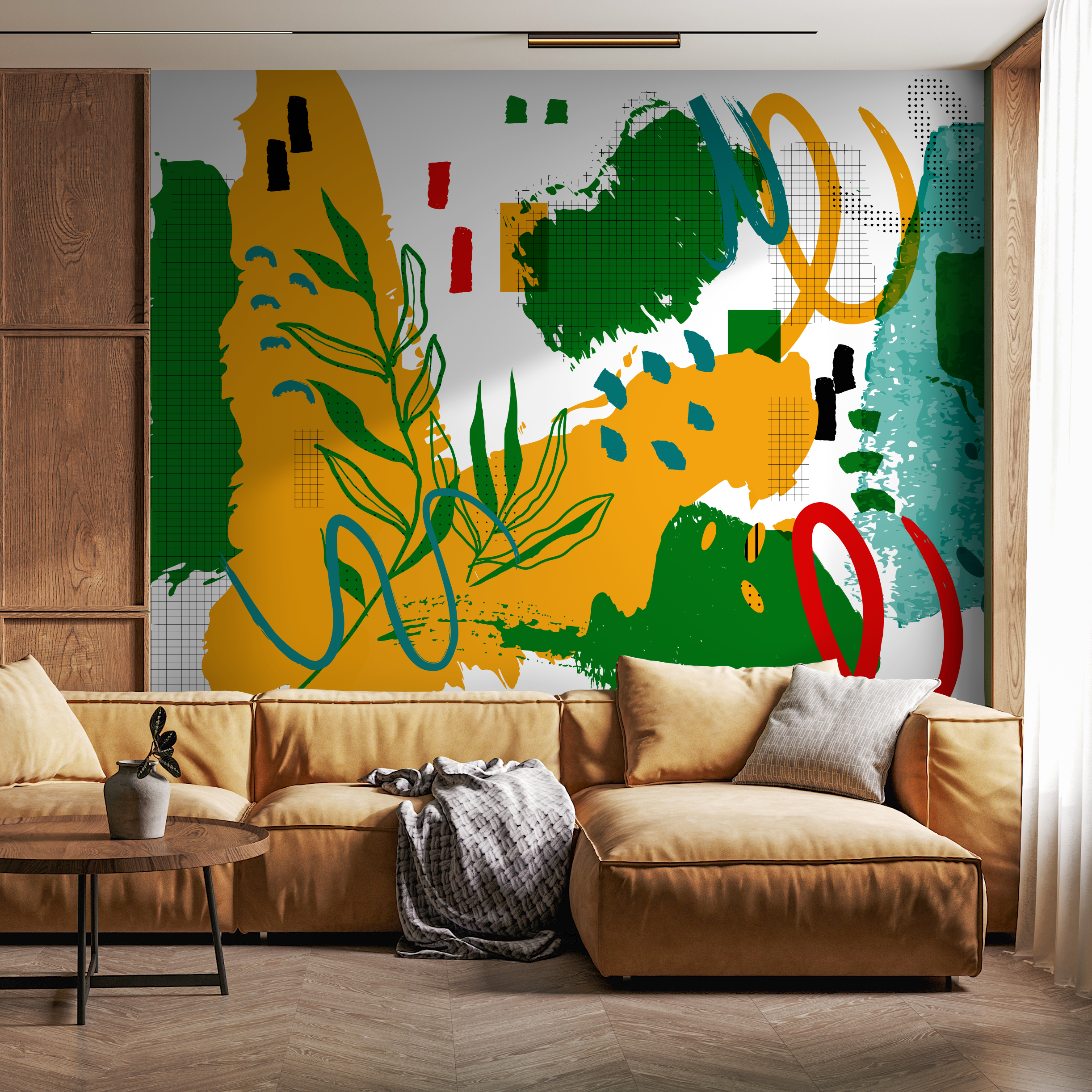 Abstract Wallpaper With A Collage Of Shapes And Lines In Mustard, Green, And Red - C013